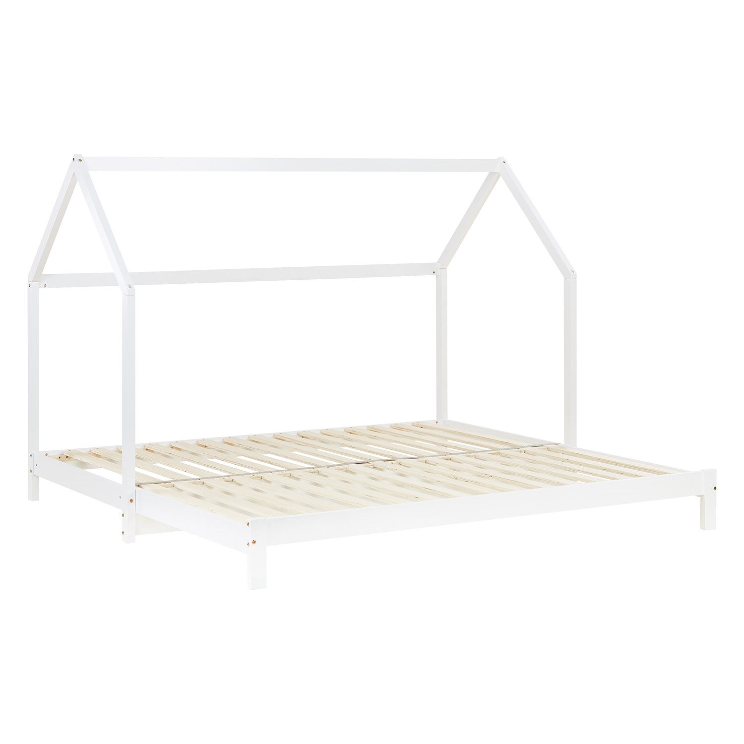 Homestyle4u Holzbett Hausbett ausziehbar 90x200 Weiß Matratze, ebene Liegefläche zum Kuscheln, Stillen und gemeinsamen Einschlafen