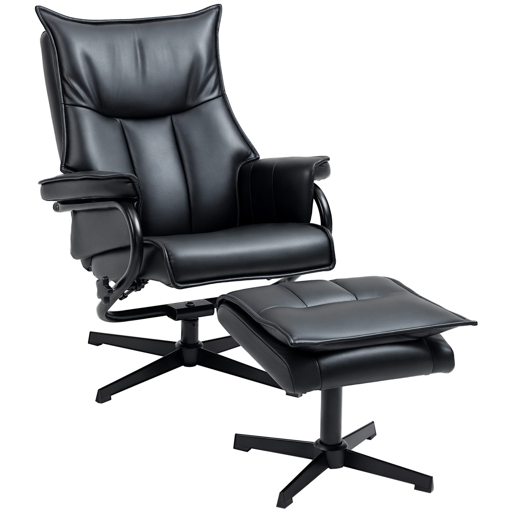 HOMCOM Polsterstuhl drehbarer Relaxsessel mit Hocker (Ruhesessel, 2 St), für Wohnzimmer, Büro, Kunstleder, Stahl, Schwarz