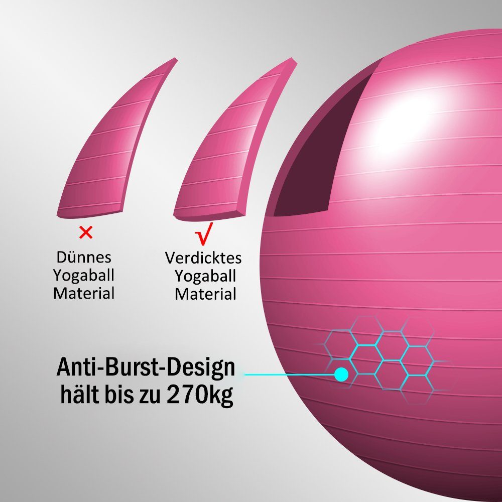 KAHOO Gymnastikball Ø55/65/75cm Massageball bis Rosa Fitnessball 400kg, Luftpumpe, mit