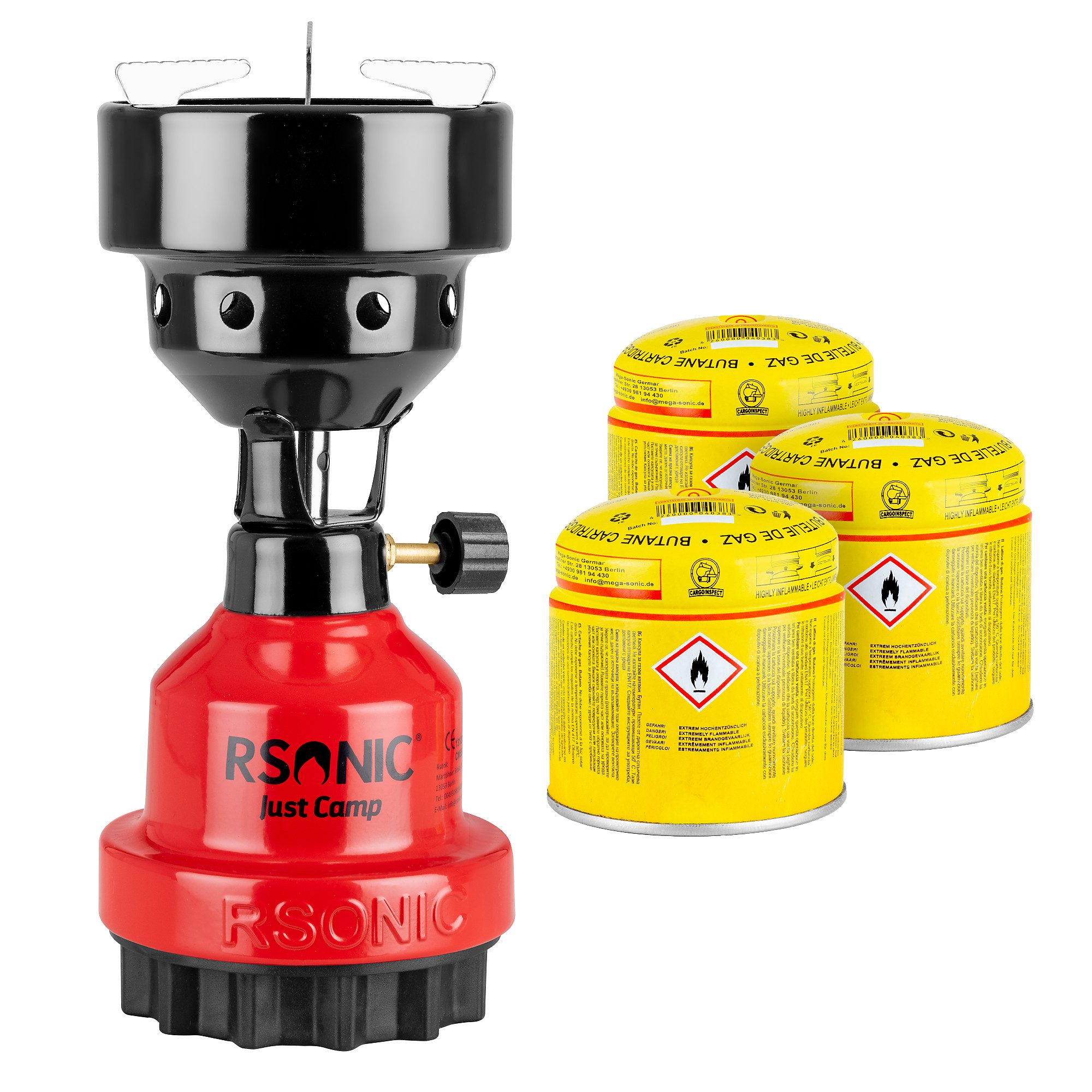 Mianova Camping-Gasgrill Gaskocher + 3 Kartuschen Rot Campingkocher Shisha Kohleanzünder, Shisha Kohle Heizer Tischgrill Campingherd Stromausfall Notfallkocher Notkocher, Metall Kohleanzünder Outdoor Grill Camping Herd