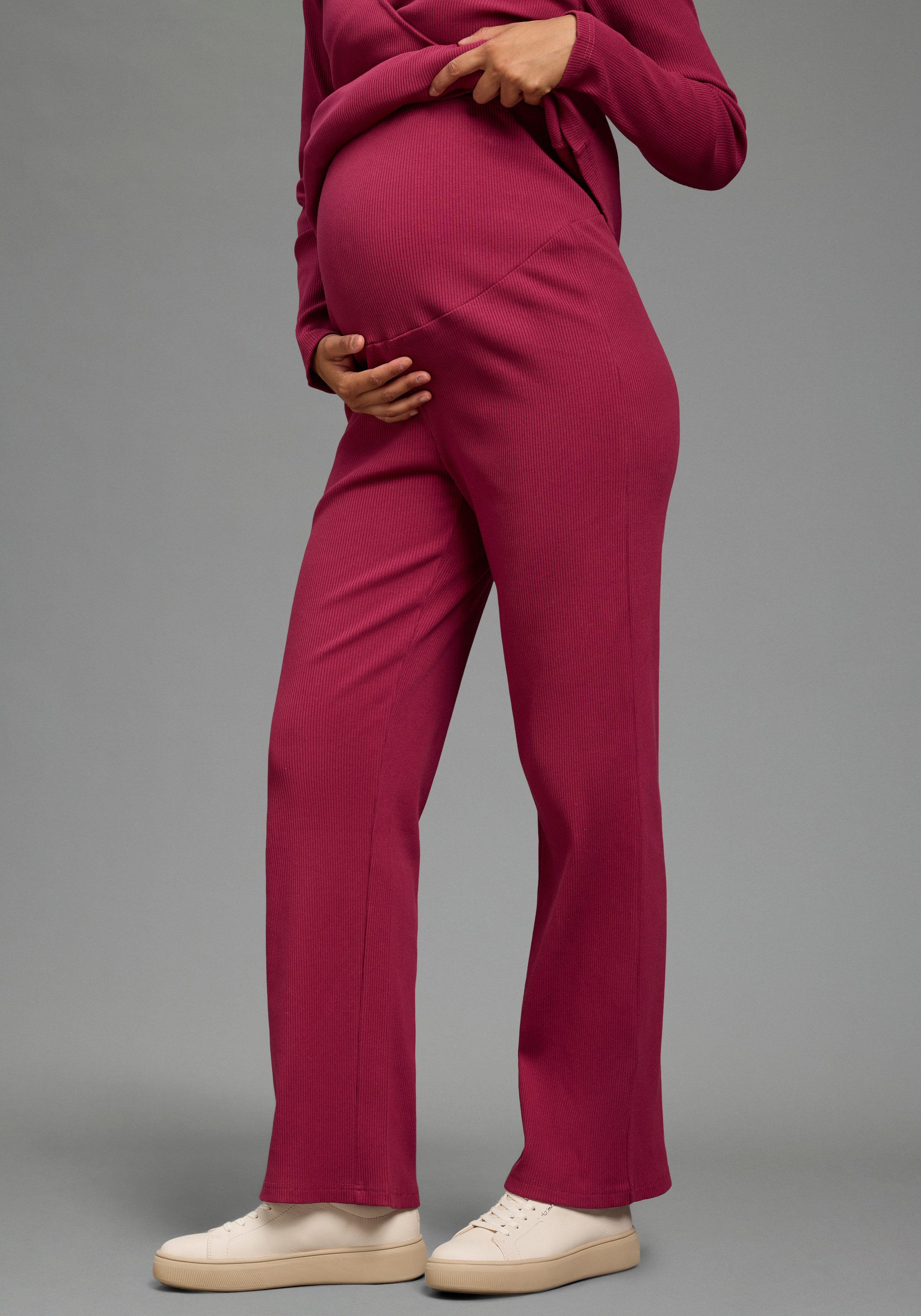 Neun Monate Umstandshose Weite Jerseyhose für Schwangerschaft & Stillzeit, elastische Rippware Umstands-Hose aus Rippware mit weitem Bein