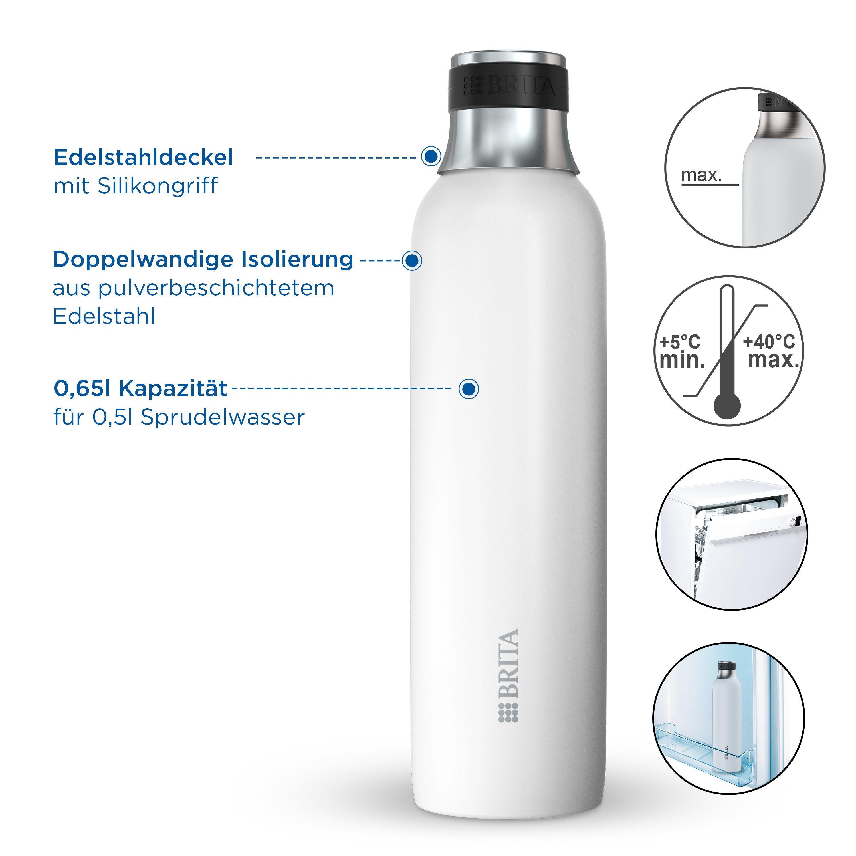 BRITA Wassersprudler Flasche sodaTRIO, (1 x original BRITA sodaTRIO Edelstahlflasche), isolierte & doppelwandige Premium Edelstahl Flasche, 0,65l