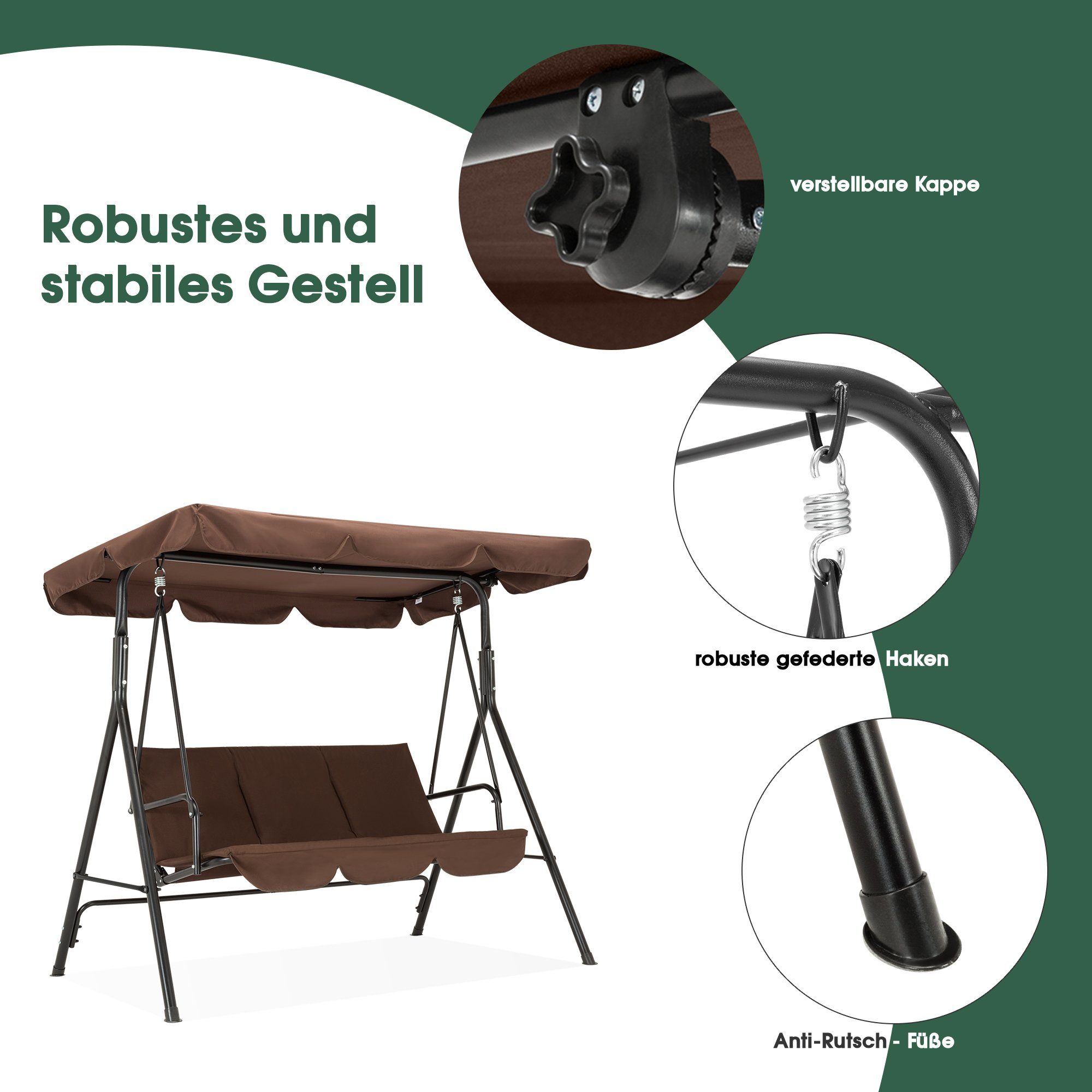 MCombo Hollywoodschaukel MCombo 3-Sitzer Hollywoodschaukel Gartenschaukel 8003, 3-Sitzer, mit Verstellbares Sonnendach, Wetterfest, Schaukelbank Outdoor