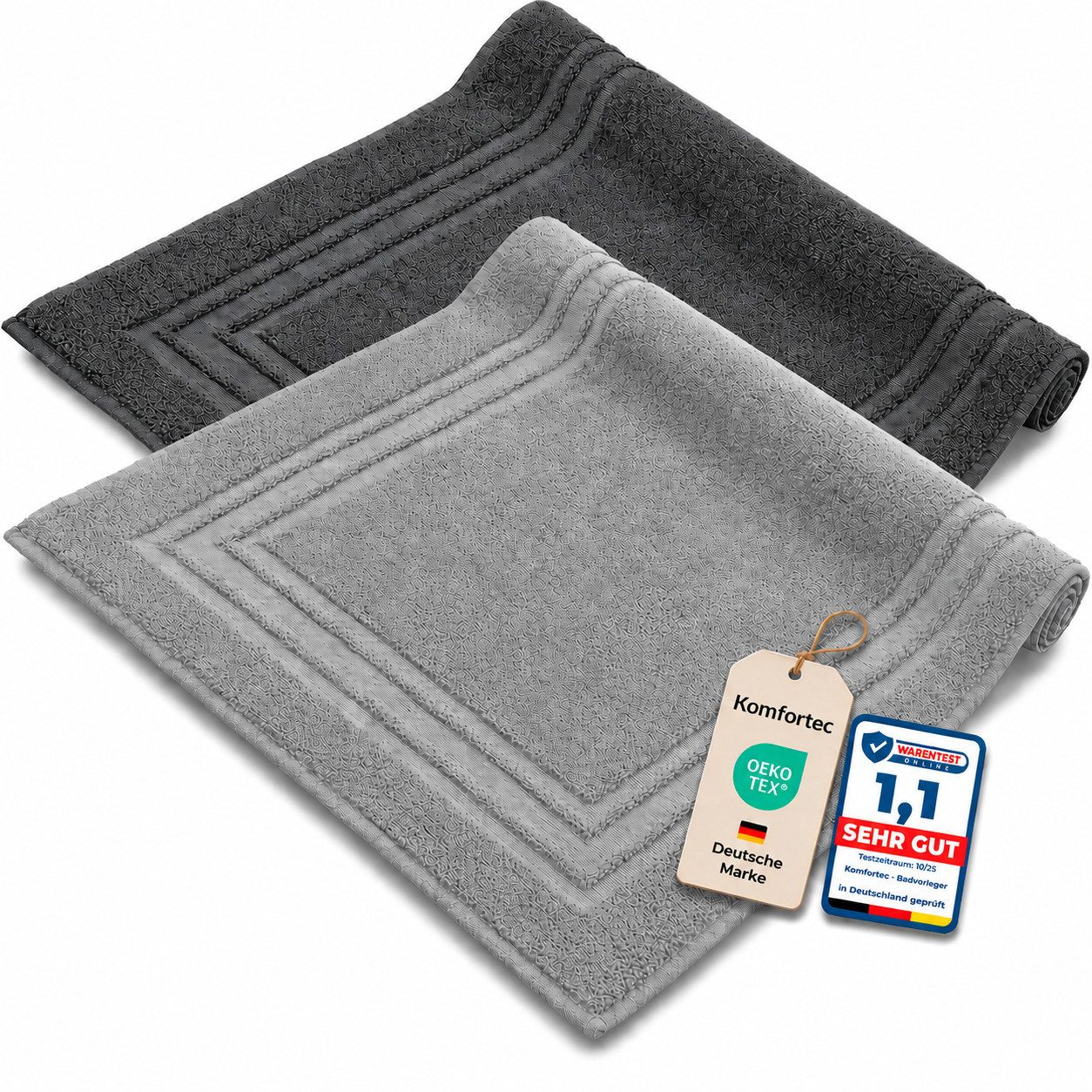 Komfortec Badematte 2er Badetuch Set aus 100% Baumwolle 50x70 cm Extra Weich & Saugstark, Rechteckig, 600 g/m² von Komfortec