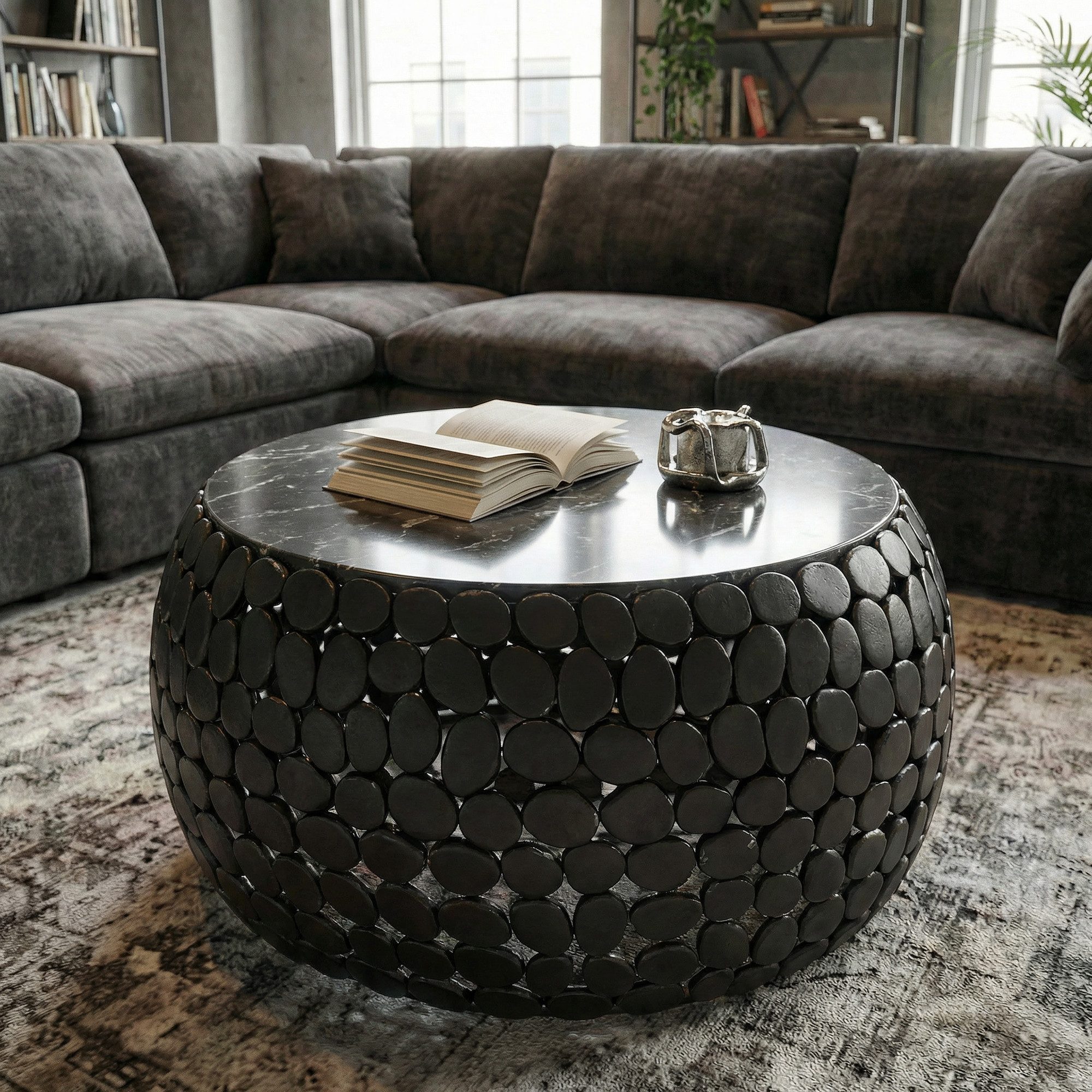 FINEBUY Couchtisch FB116679 Couchtisch rund Aluminium schwarz 65cm Marmor Wohnzimmertisch (Eleganter Blickfang für stilvolle Wohnräume), Hochwertige Materialien mit besonderer Form
