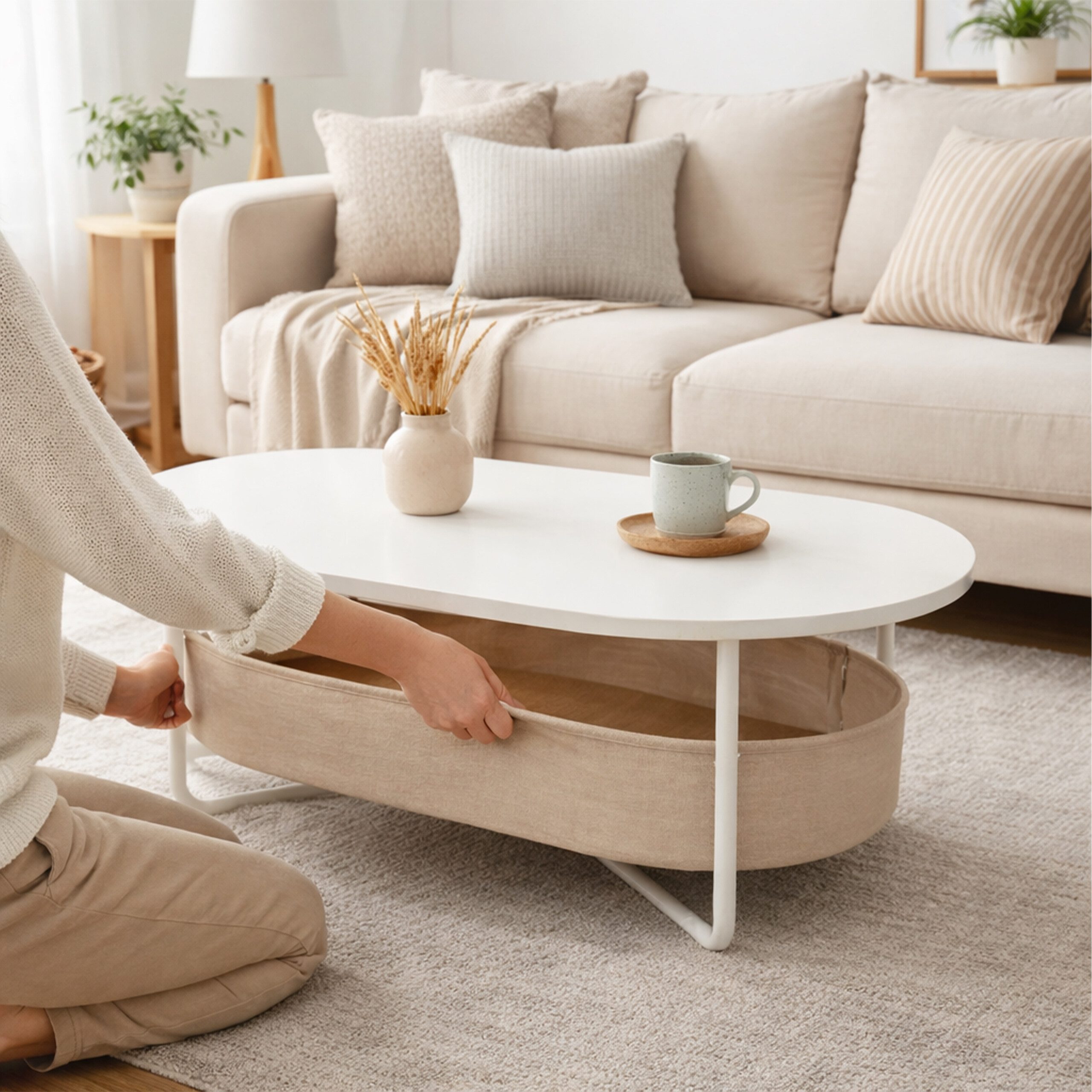 relaxdays Couchtisch Ovaler Couchtisch mit Stauraum (1-St), Weiß-Beige – Bild 5 von 5