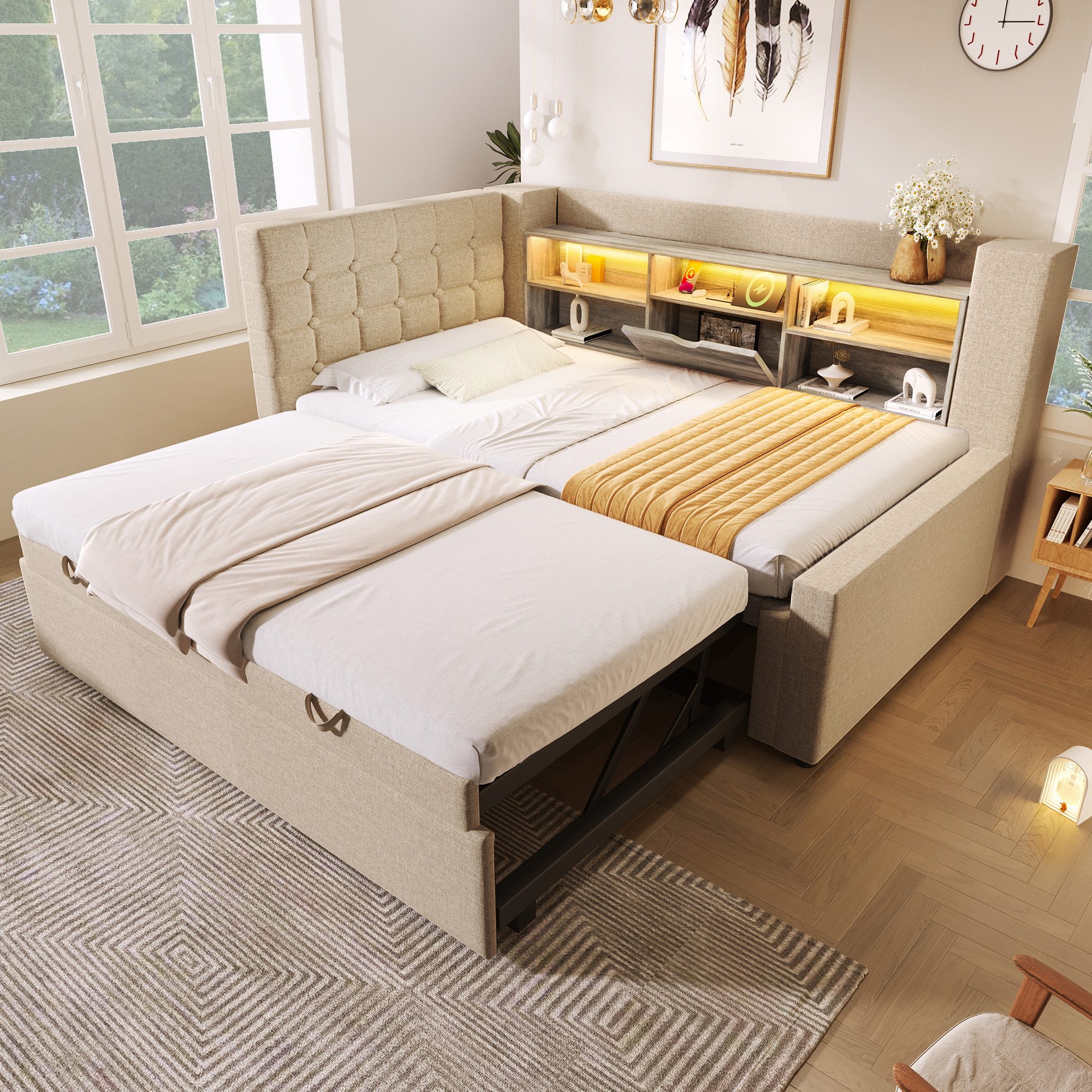 Odikalo Schlafsofa Schlafcouch 90x200 mit LED Ausziehbett und Stauraum, Polsterbett Bett 90x200 cm mit Ausziehbett 90x190, und LED-Beleuchtung,Struraumbett, L-förmigem Kopfteil mit Stauraum, beidseitig montierbar, Lattenrost, Leinen, (Ohne Matratze)