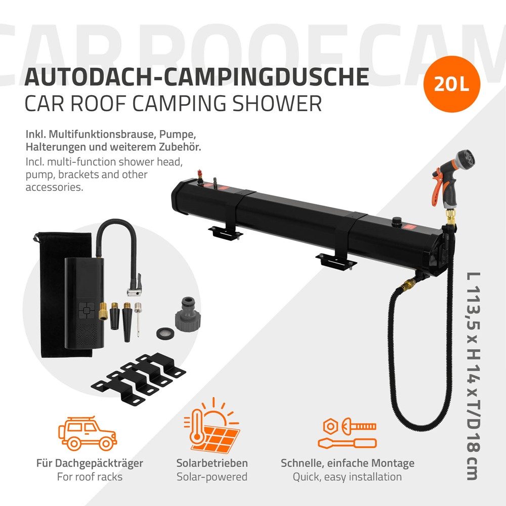 ML-DESIGN Solardusche Campingdusche fürs Autodach Solarbeheizte Wassertank Dusche Tragbare, Camping-Solardusche 20L mit Drucksystem Pumpe & Brause für SUV Offroad