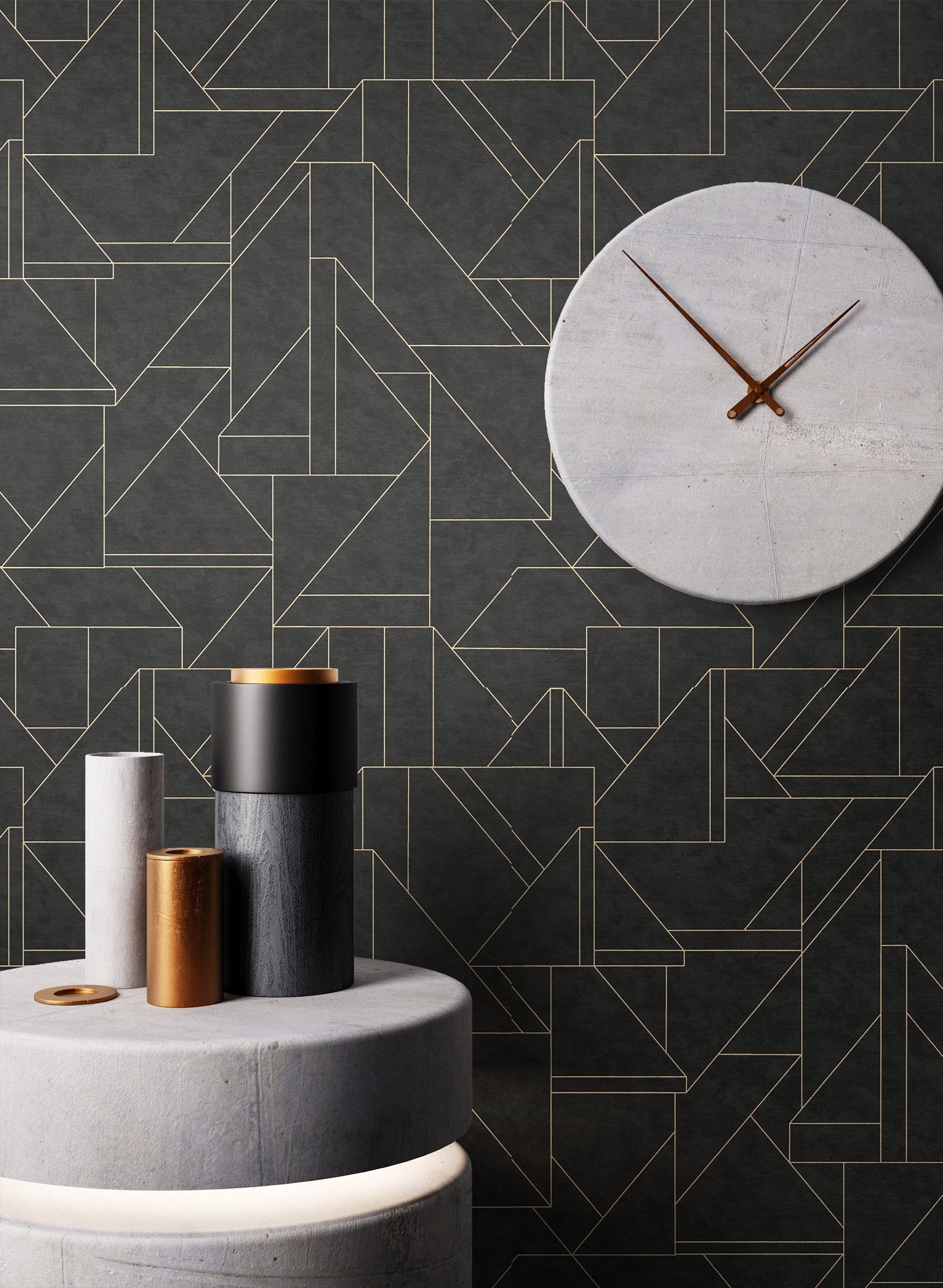 Newroom Vliestapete, Anthrazit Tapete Modern Geometrische Muster - Mustertapete Retro Dunkelgrau Gold Grafisch Geometrisch Linien Leicht glänzend für Wohnzimmer Schlafzimmer Küche, Mustertapete, Retro