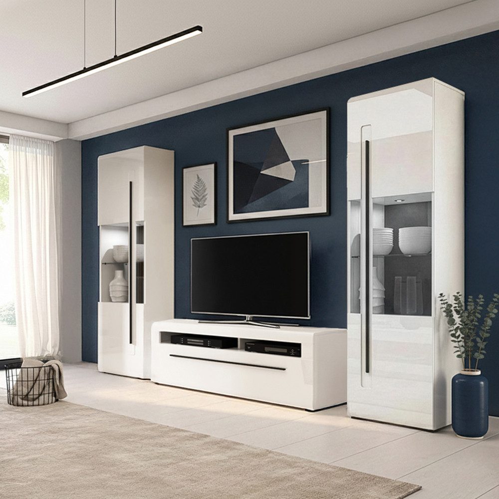 Lomadox Wohnwand TURDA-83, (3-St., Couchtisch Highboard Lowboard Sideboard Vitrine Wandregal), weiß Hochglanz Metallgriffe schwarz LED Beleuchtung modern