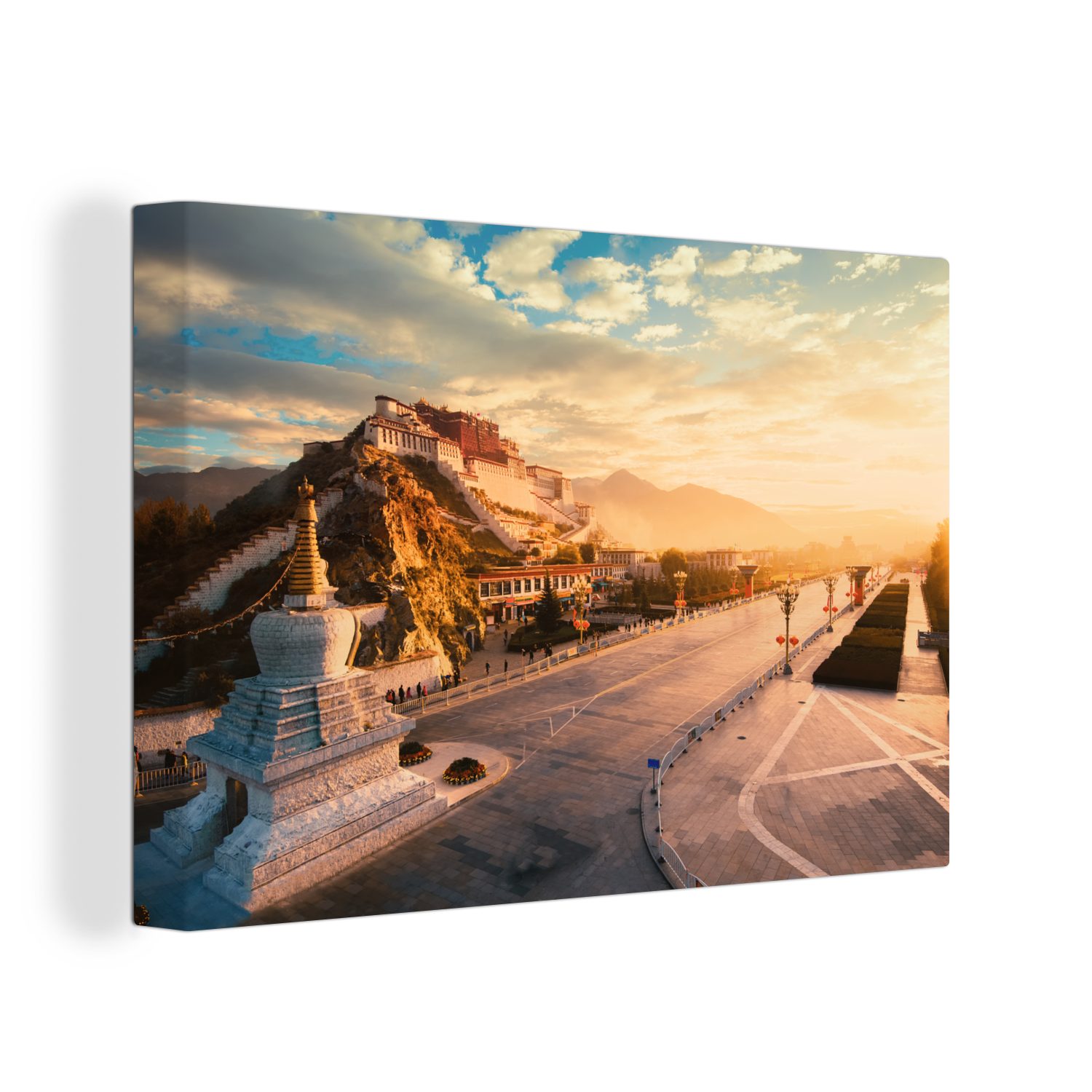 OneMillionCanvasses® Leinwandbild Beeindruckender Sonnenuntergang am Potala-Palast, (1 St), Wandbild Leinwandbilder, Aufhängefertig, Wanddeko, 30x20 cm