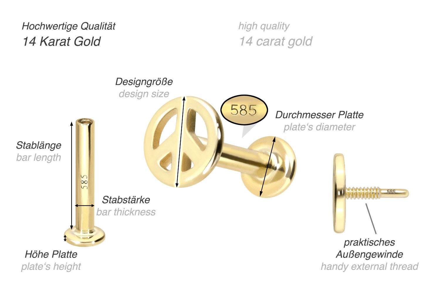 PIERCINGLINE Piercing-Set 14 Karat Gold Labret mit Innengewinde PEACE-ZEICHEN (Labrets, 1-tlg)