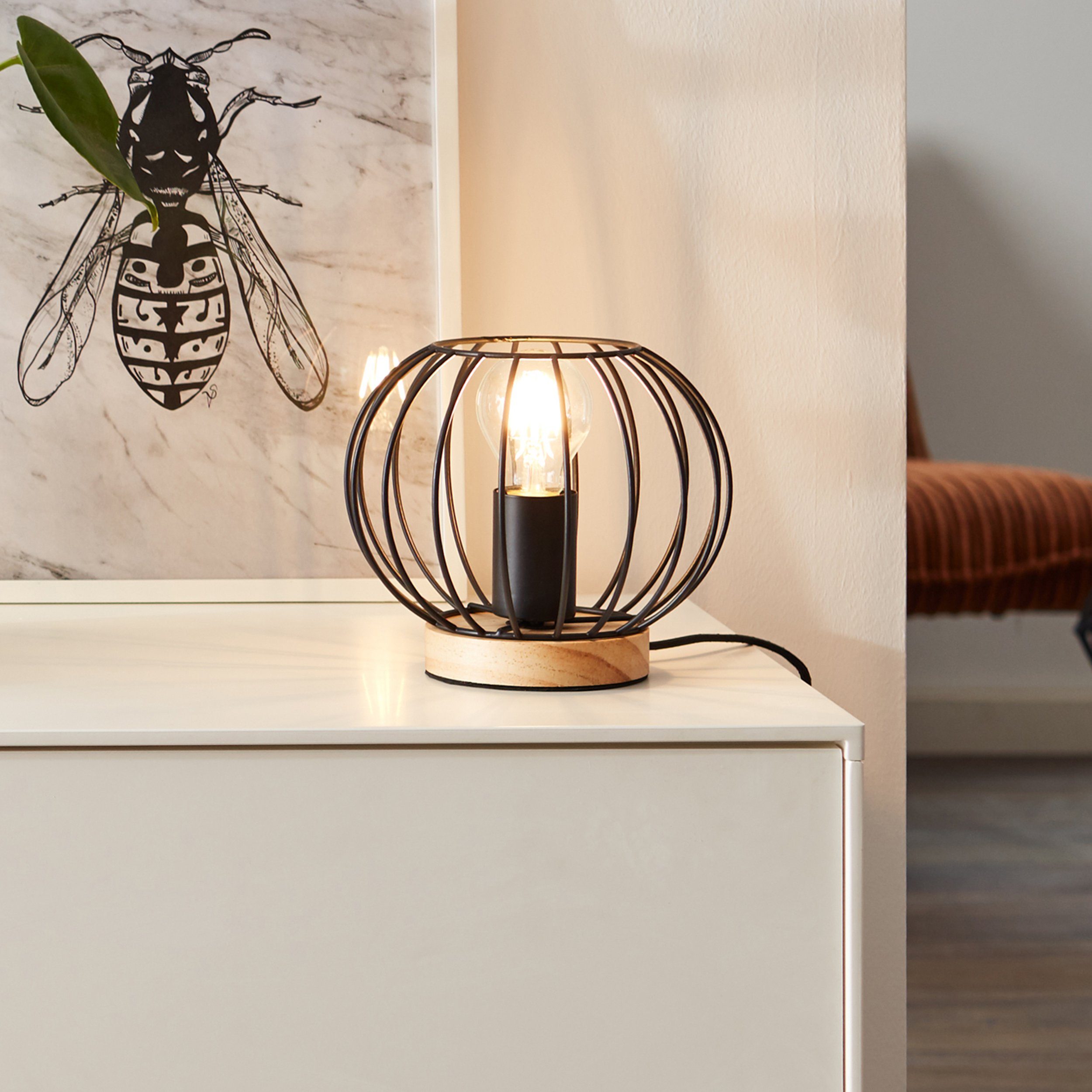 Lightbox Tischleuchte, ohne Leuchtmittel, Tischlampe, 20 cm Höhe, Ø 20 cm, E27, max. 40 W, Metall/Holz | Tischlampen