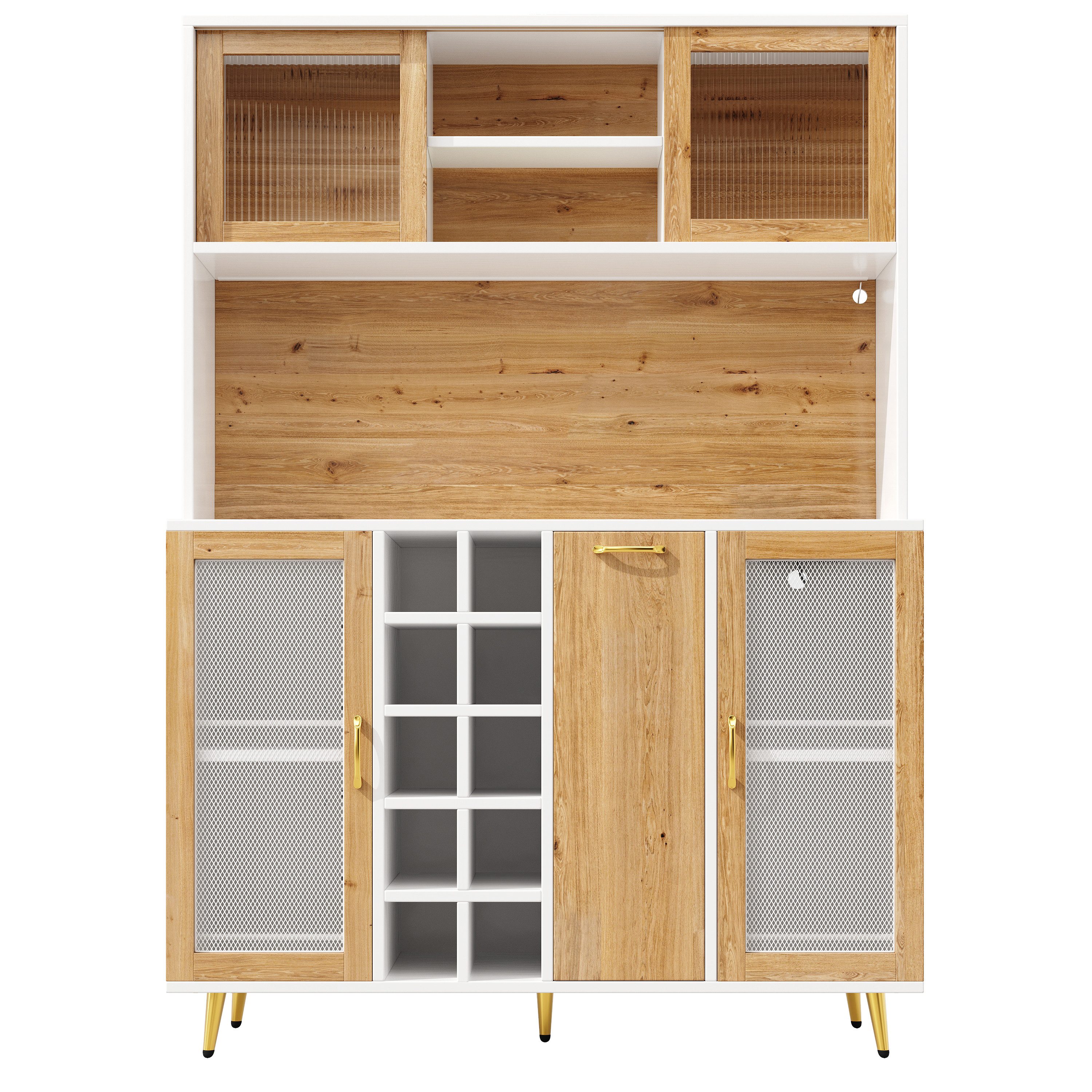 Flieks Küchenbuffet mit Steckdose, LED-Beleuchtung, Glasschiebetüren und Weinregal (Buffetschrank in Holzoptik mit Glasschiebetüren und Drahtgitter-Türen, 1-St., B120/T40/H170 cm) Hochschrank Küchenschrank Geschirrschrank mit verstellbarer Ablagen