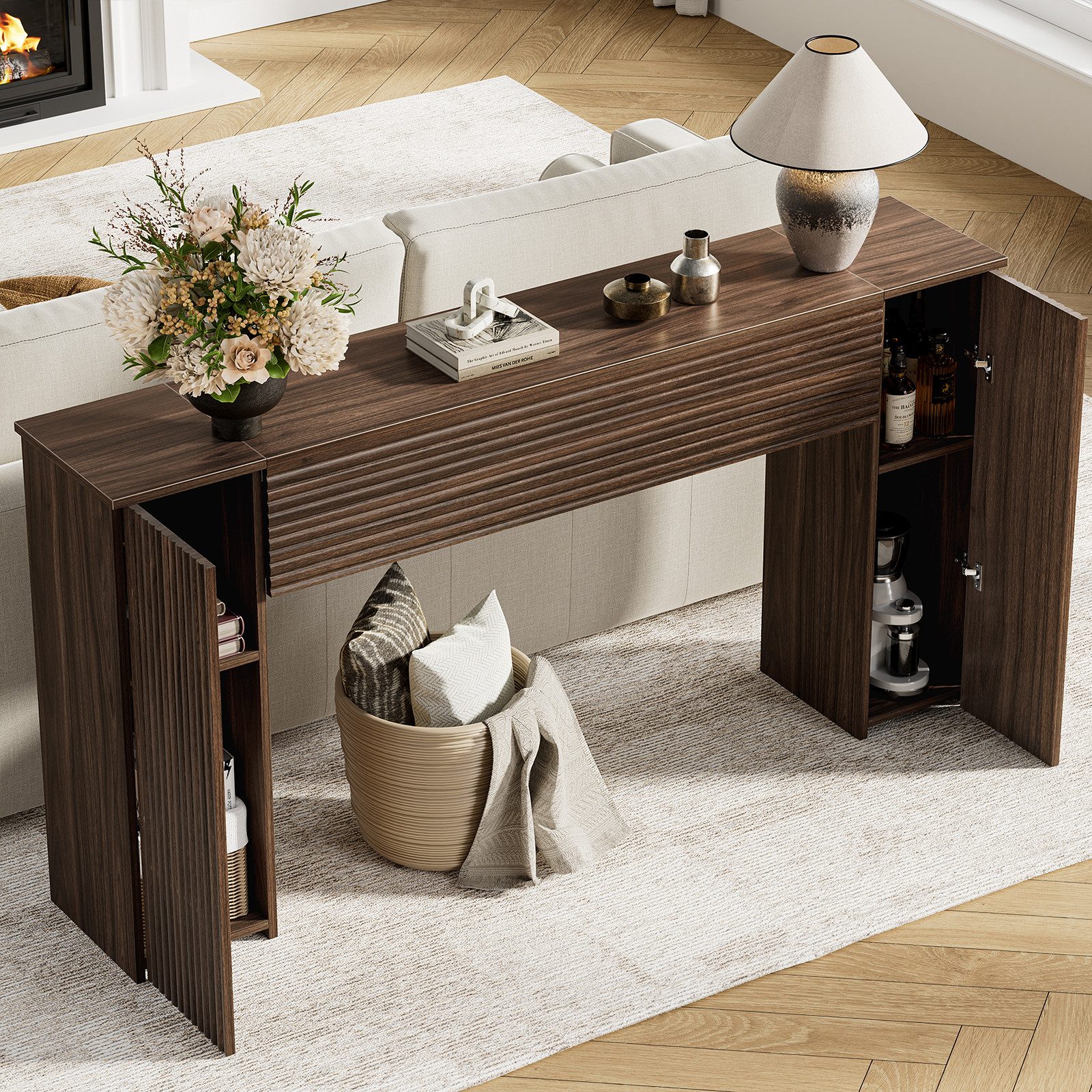 FABATO Beistelltisch 155 cm gewellte Konsole mit 2 versteckten Stauraumfächern (1-St), Einstiegs- & Flurtisch für Wohnzimmer, Diele oder Foyer – Bild 4 von 5