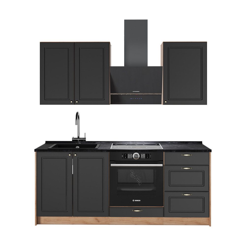 Vicco Küchenzeile Fame-Line, Anthrazit-Gold Landhaus/Goldkraft Eiche, 190 cm ohne Arb...