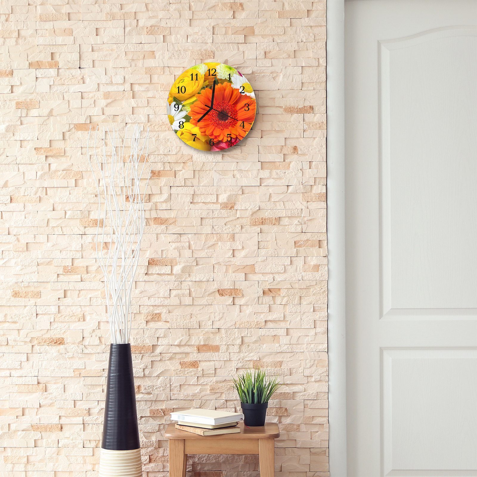 Quarzuhrwerk Wanduhr mit Wanduhr aus Durchmesser und Blüten Rund Primedeco Motiv mit - cm Glas 30