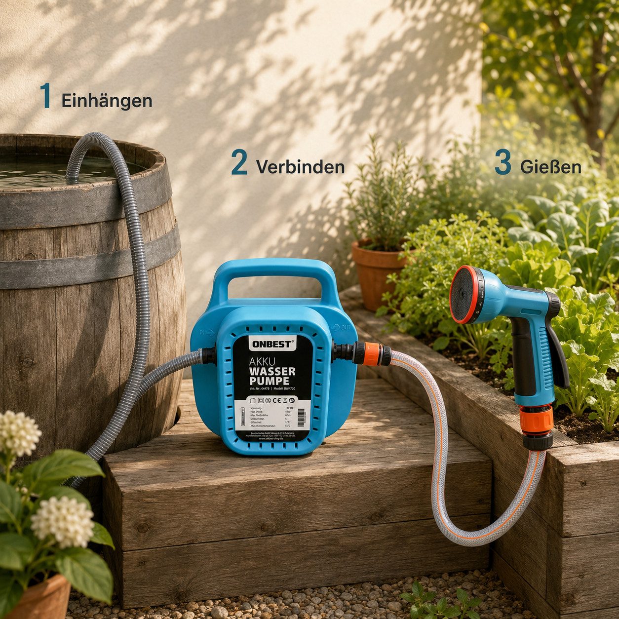 Onbest Wasserpumpe Akku Gartenpumpe selbstansaugend inklusive Gartenbrause, Druckschalter, Schnellkupplung, 12V, 8bar, 50-90W, 80m, 7-12 l/min – Bild 4 von 5