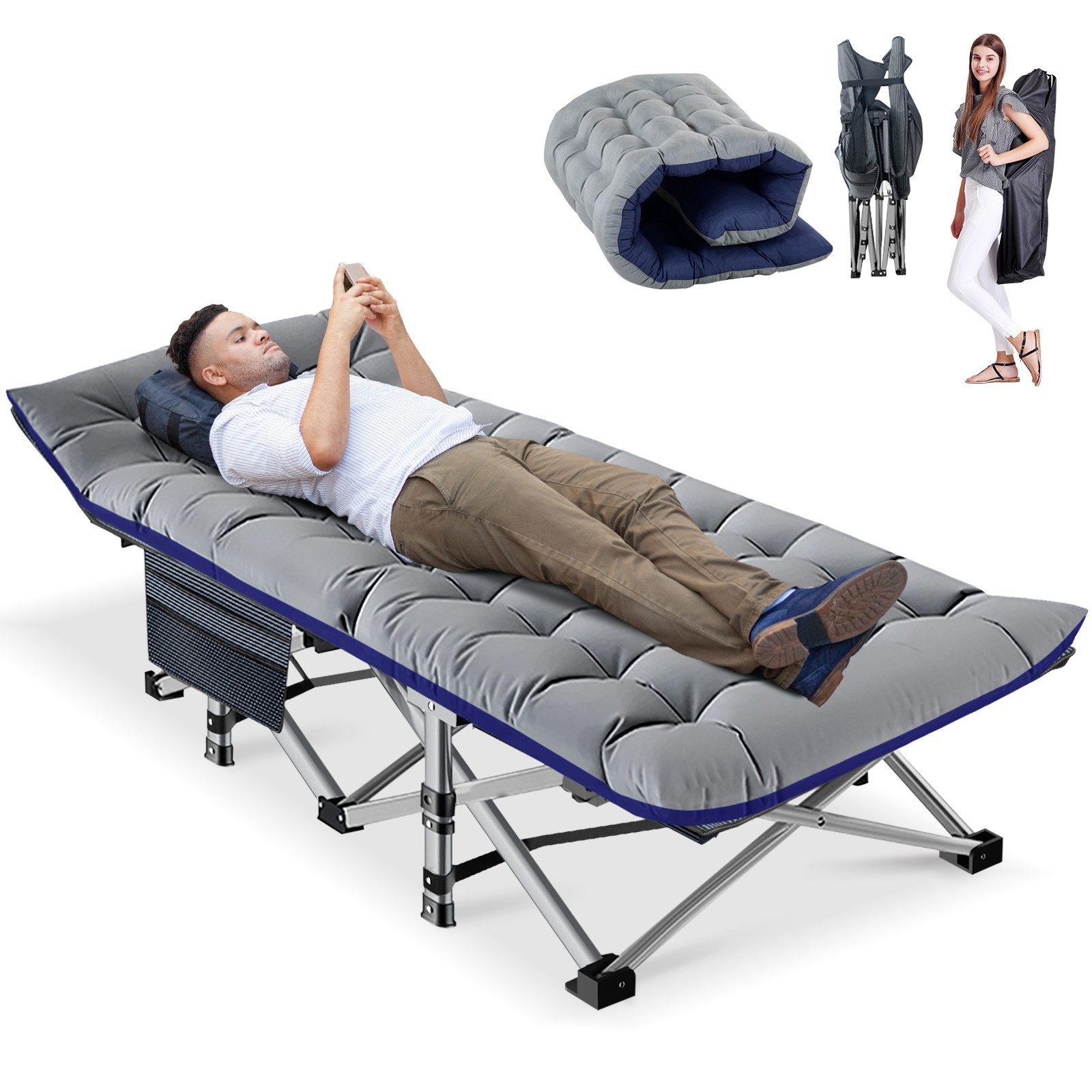 Klappbett Klappbar Feldbett, Campingbett für Camping mit Auflage & Seitentasche