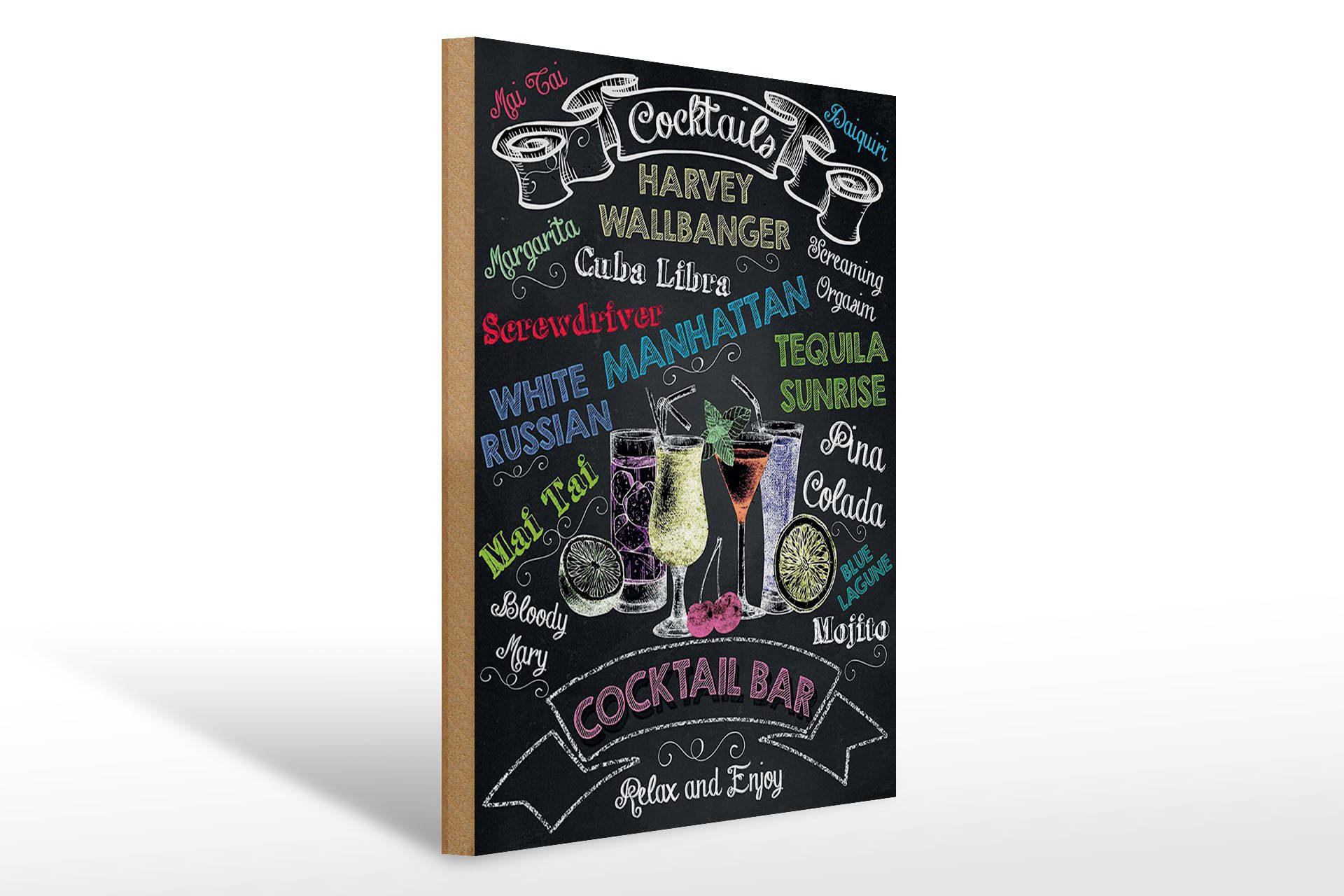 Femer GmbH Holzbild Cocktail 30x40 cm Verschieden Cocktails Tafeloptik, (1 St), Glatte Holzfaserplatte (MDF), vorn beschichtet