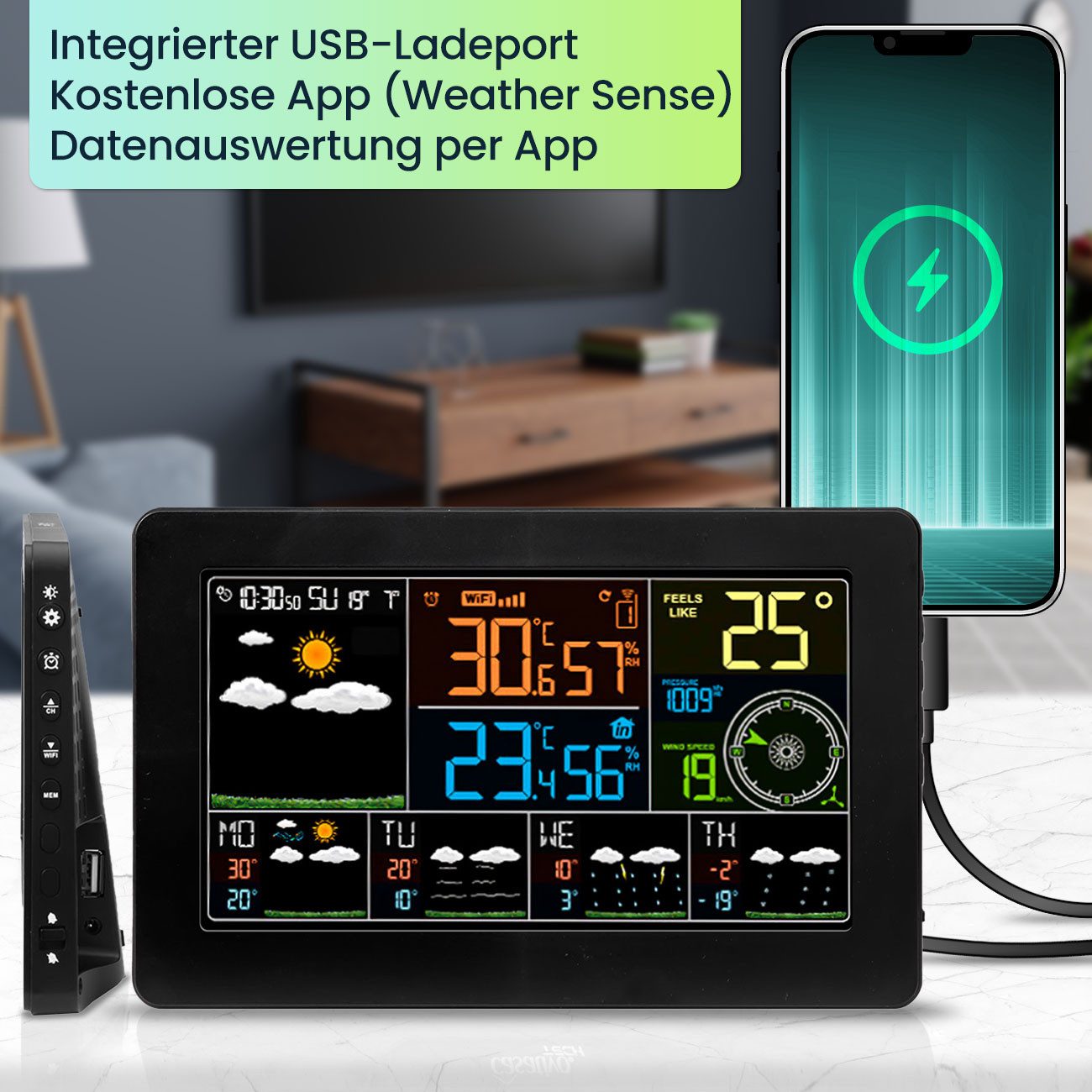 Casativo Wetterstation mit Aussensensor und App – Digitale Wetterstation (5-Tage-Prognose, Thermometer, Hygrometer & Barometer)