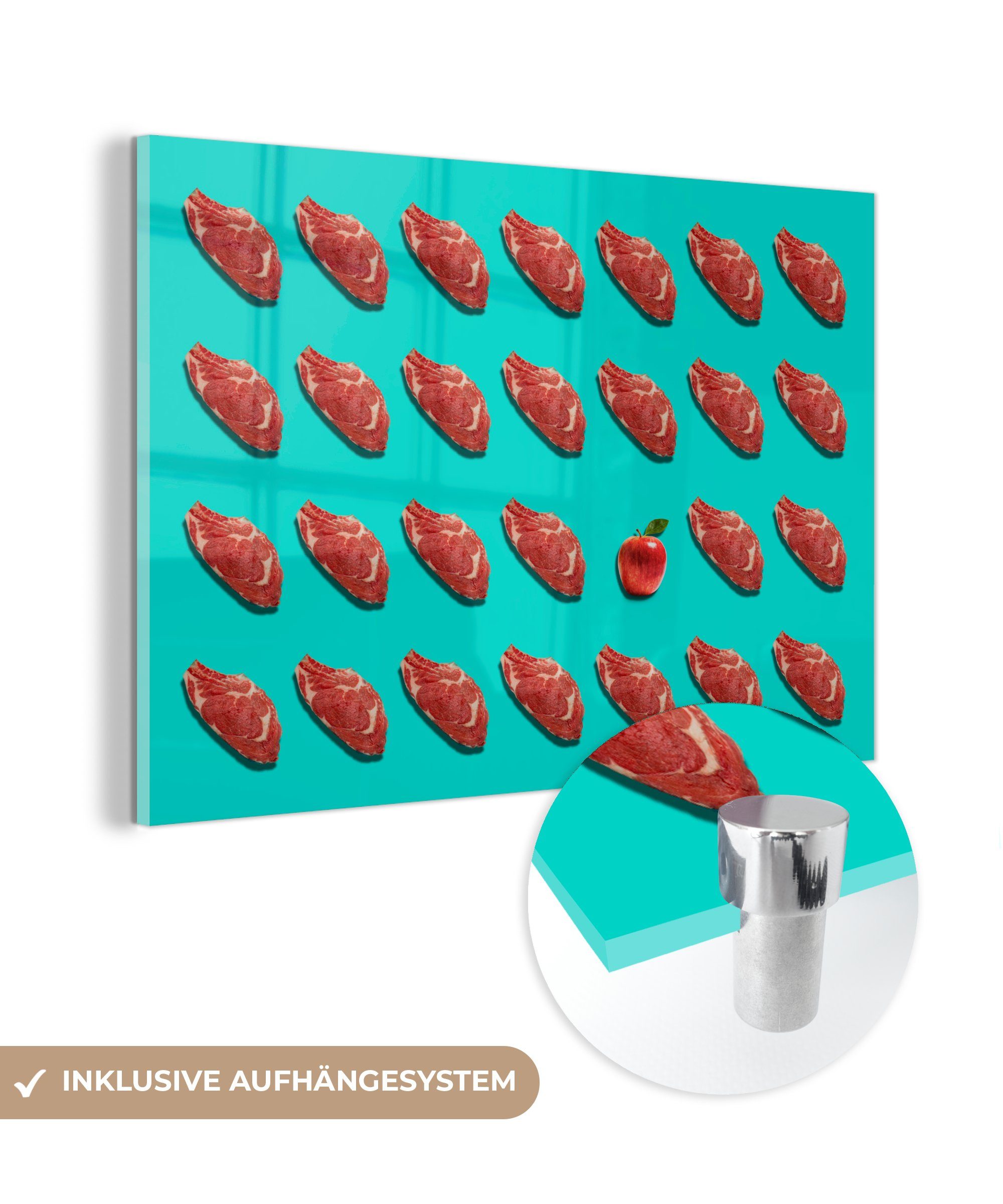 MuchoWow Acrylglasbild Apfel zwischen Fleisch auf türkisem Hintergrund, (1 St), Acrylglasbilder Wohnzimmer & Schlafzimmer