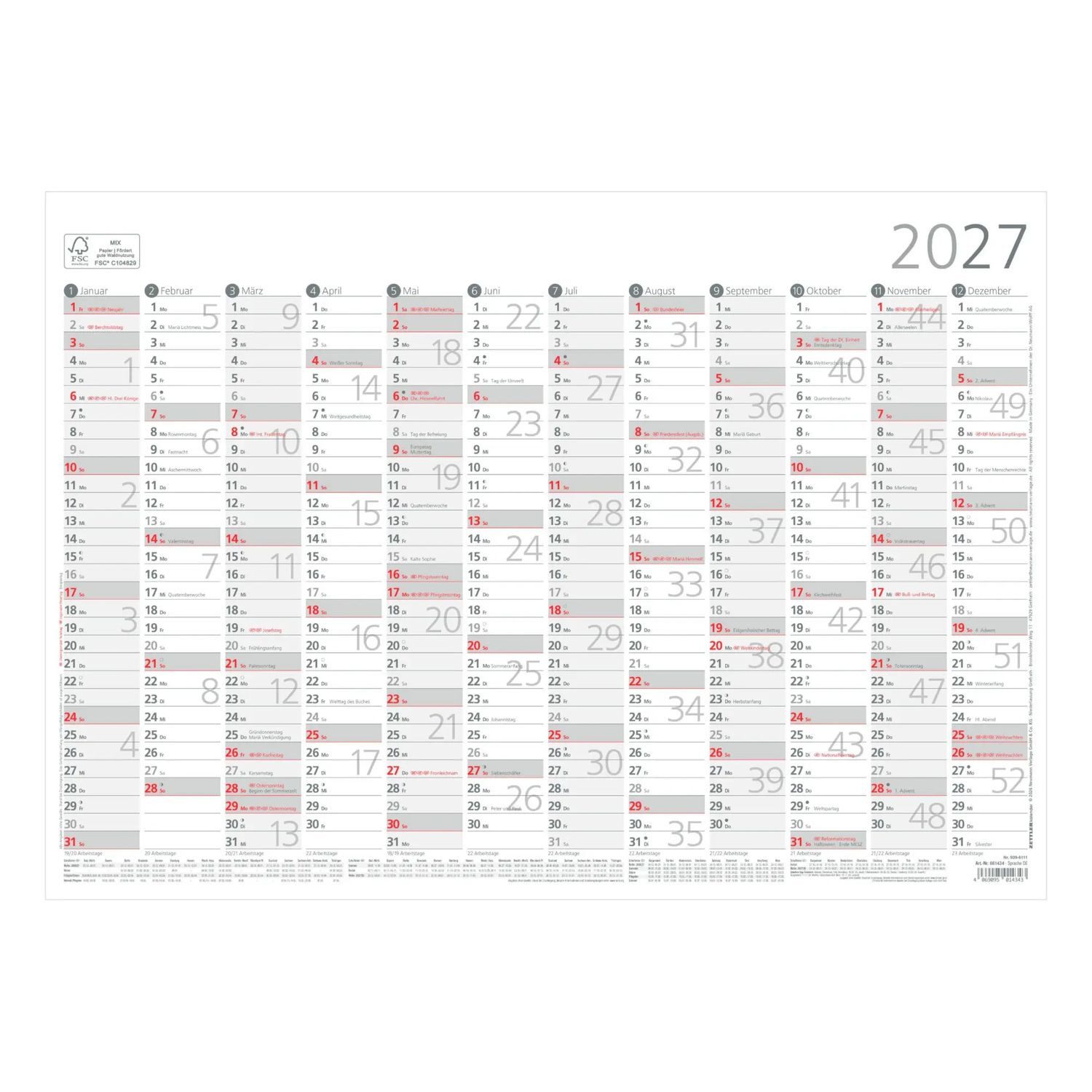 Wandkalender Jahresübersicht A3 12 Mon 1 Stk. plano 2027