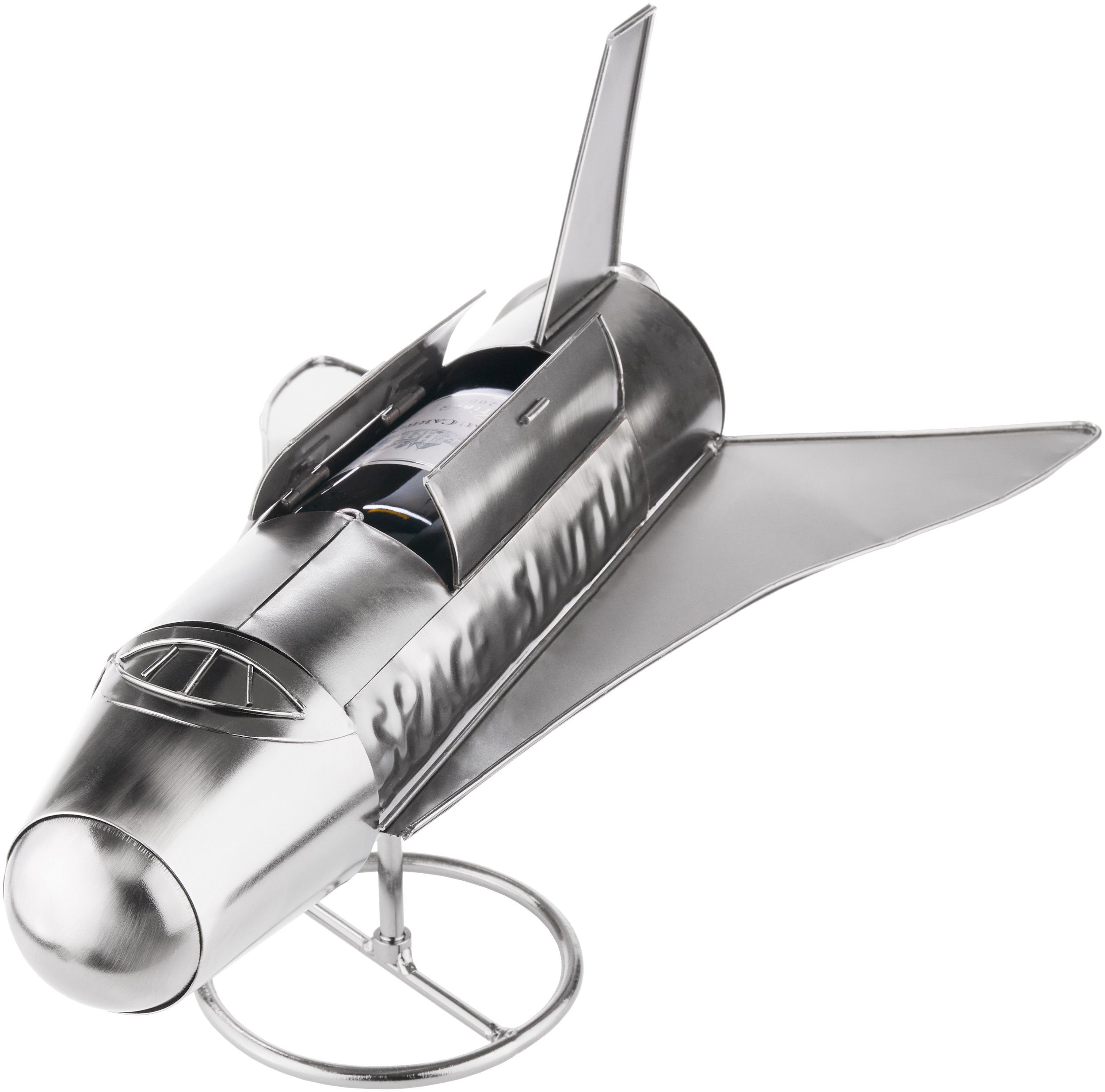 BRUBAKER Weinflaschenhalter Space Shuttle - Metall Skulptur Flaschenhalter mit Grußkarte, (Set, 1-St., Weingeschenk für Raumfahrt und Weltall Fans), Flaschenständer Rakete Raumfähre - Silber Metallfigur