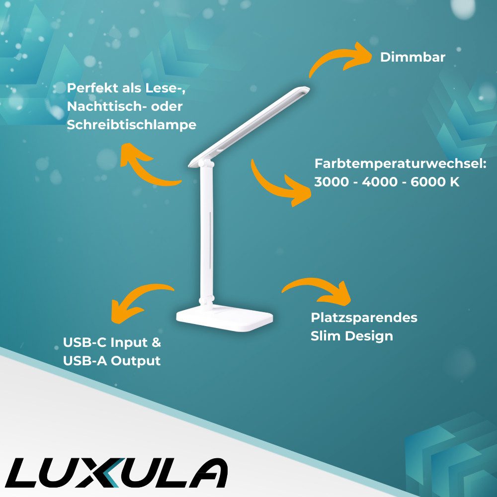 LUXULA LED Tischleuchte LED-Tischlampe, weiß, mit Dimm- und CCT-Funktion, 5 W Leistung, LED fest integriert, Farbwechsler