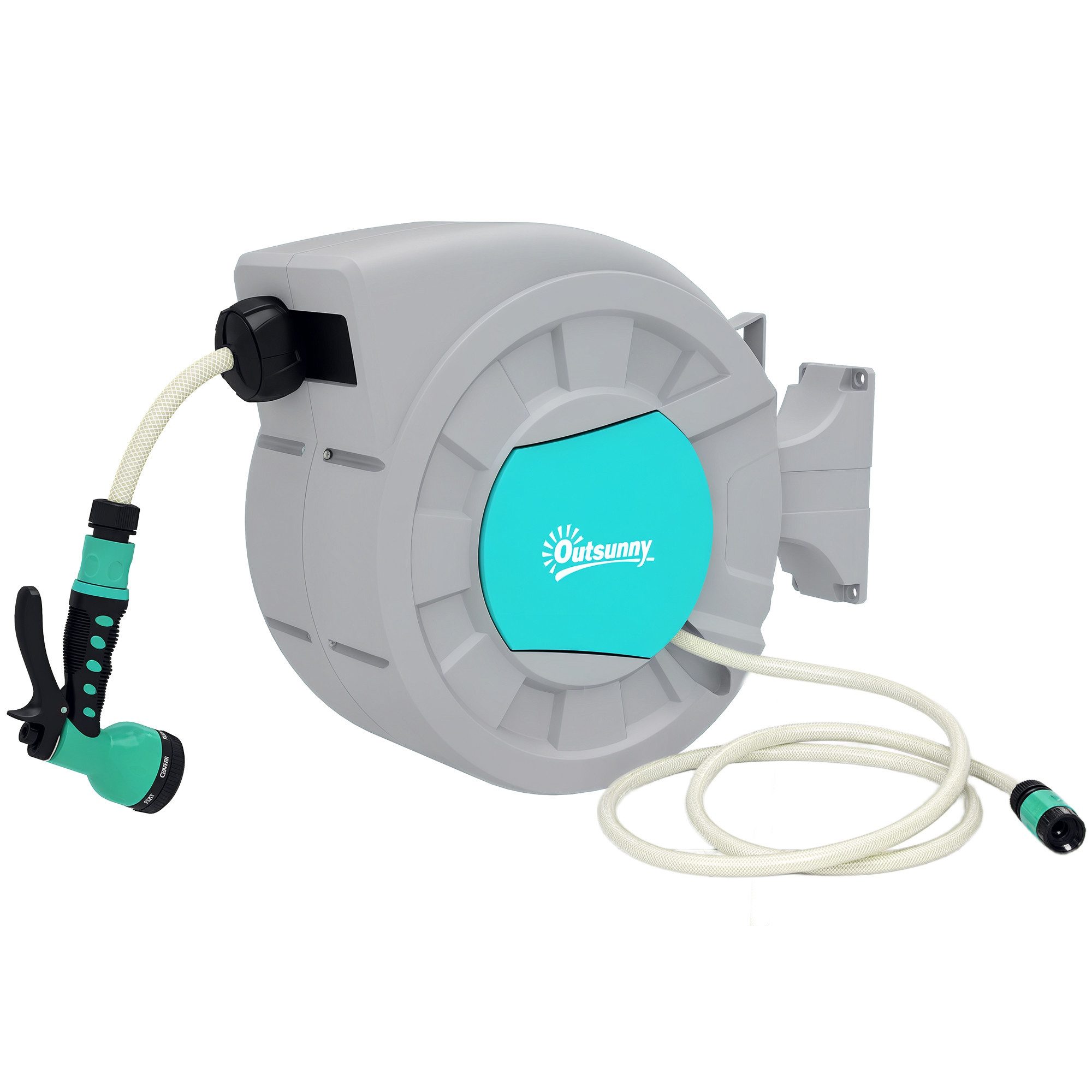 Outsunny Schlauchtrommel mit Gartenschlauch 20m, 180° schwenkbar, zur Wandmontage, (Schlauchaufroller, 1-tlg., Schlauchbox), mit automatische Aufrollung, 7-Funktionen Handbrause, Grau