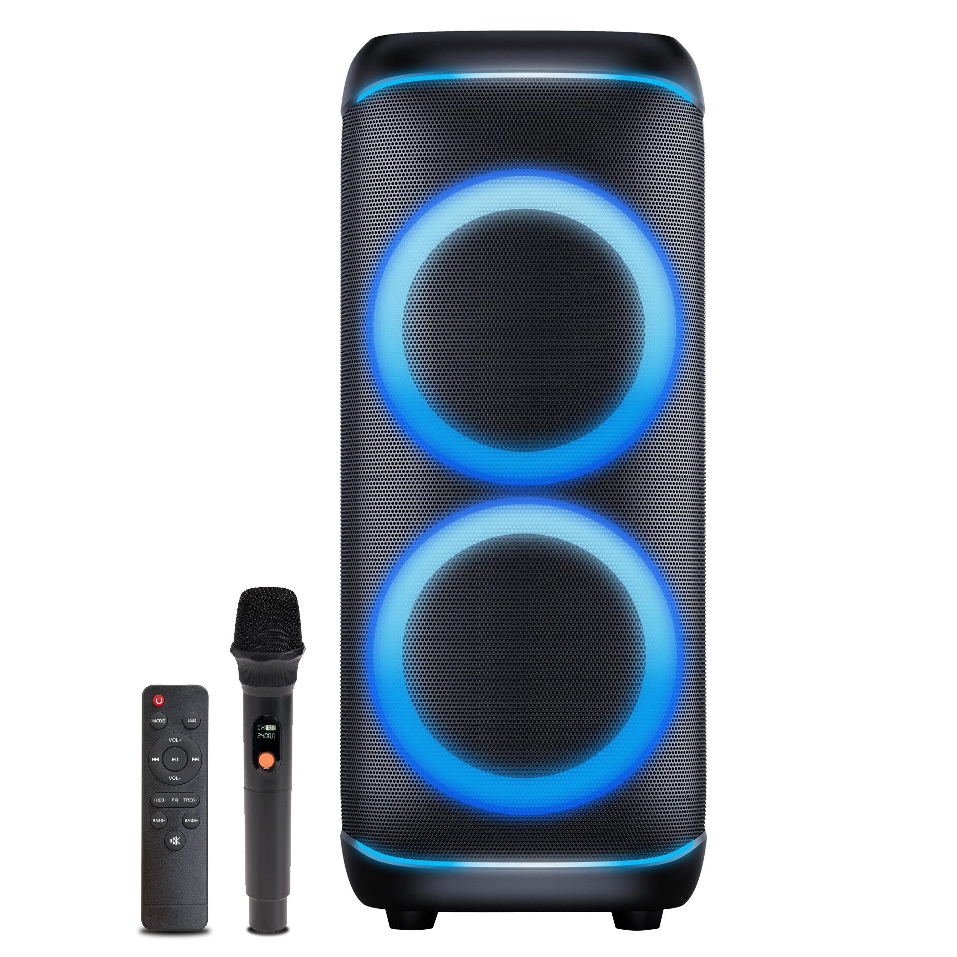 Denver BPS-470 Party-Lautsprecher 1.0 (Dual Woofer) (200 W, Inklusive kabellosem Mikrofon & Fernbedienung)