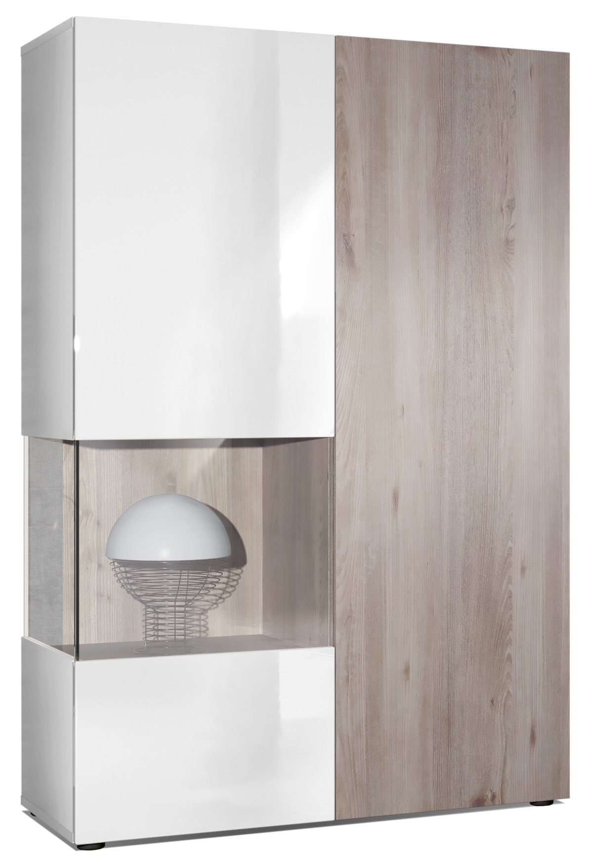 Vladon Standvitrine Morena (Standvitrine, mit 2 Türen dahinter ingesamt 7 Fächer) Weiß matt/Weiß Hochglanz/Eiche Nordic (92 x 135 x 37 cm)
