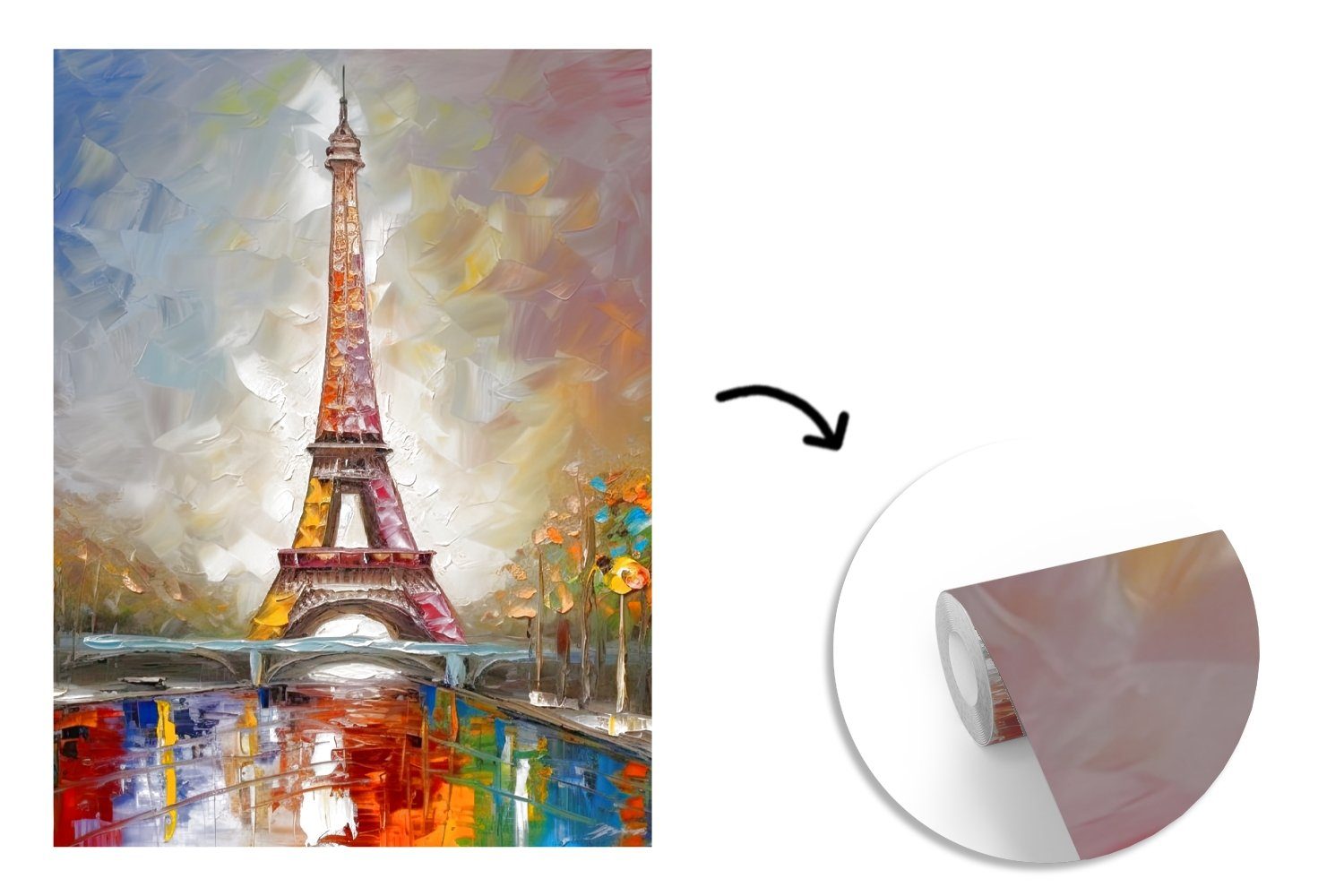 Montagefertig Paris, (4 Vinyl bedruckt, St), Fototapete - für Tapete Ölgemälde Eiffelturm - MuchoWow Matt, Wandtapete Wohnzimmer,