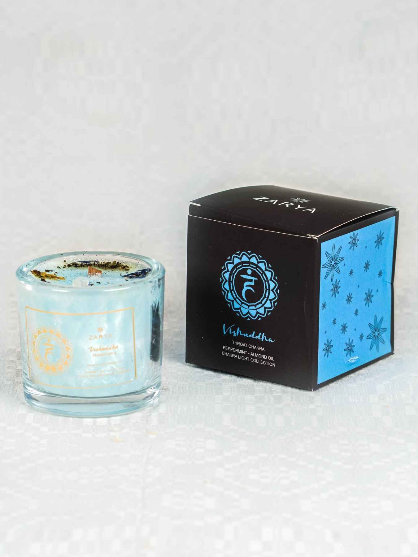 chakrana Duftkerze mit Hellblau Geschenkverpackung Glasbehälter aus Bio-Stearin, Chakra–Duftkerze edler
