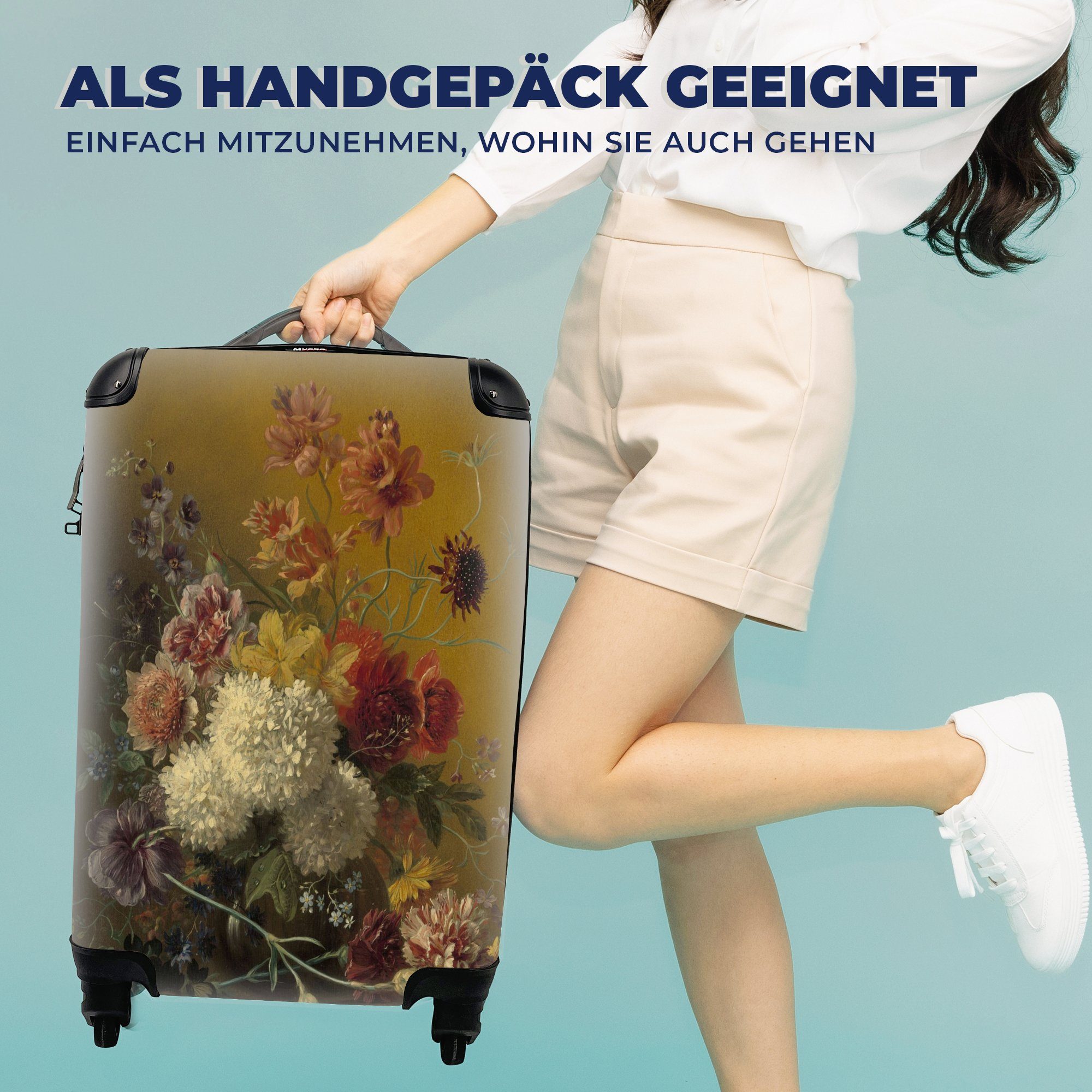 MuchoWow Handgepäckkoffer mit Rollen, Blumen mit Gemälde Handgepäck Os, Stilleben Reisetasche von G.J.J rollen, Ferien, 4 Van Trolley, - Reisekoffer für