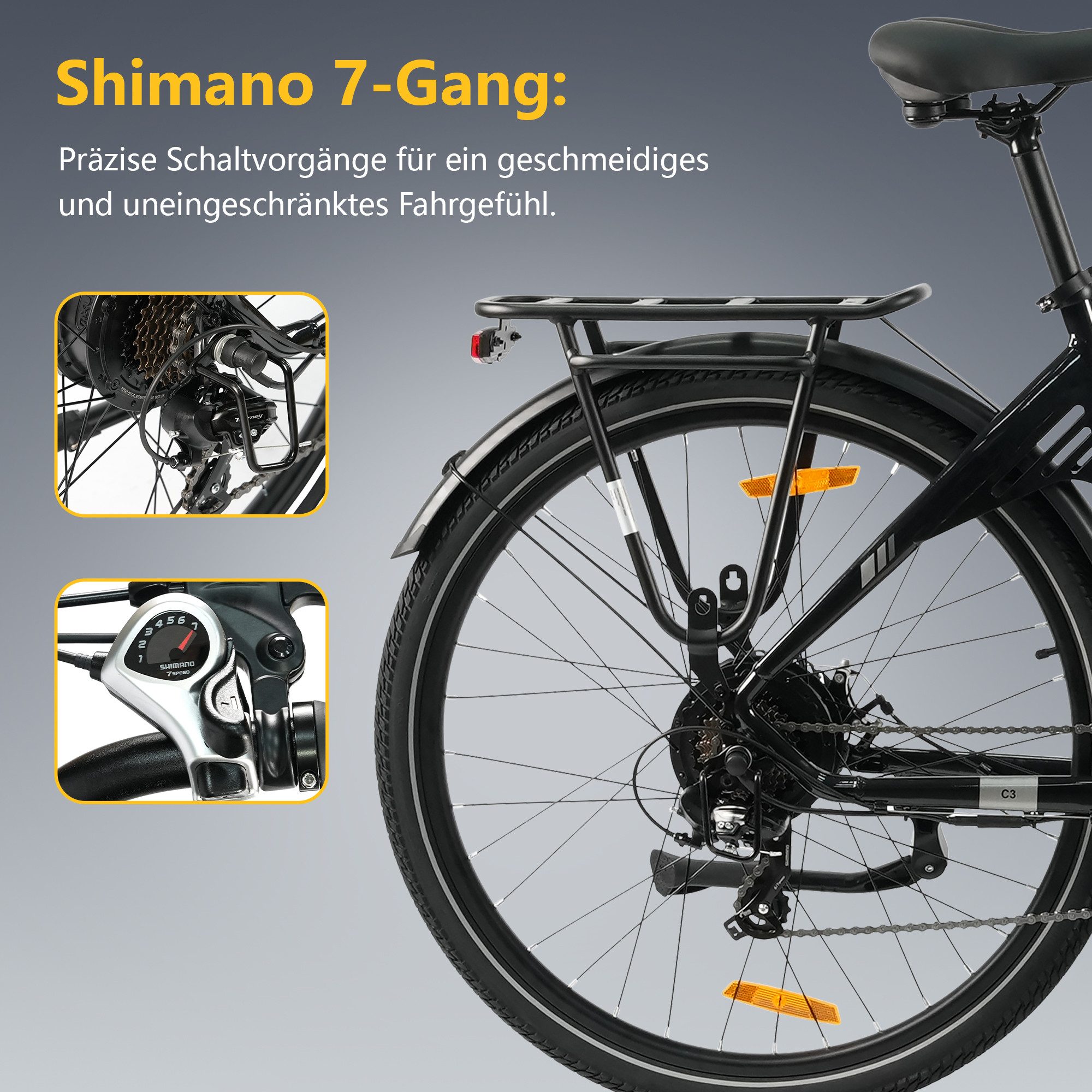 TTGO E-Bike Cityrad 28 x 2,0 Zoll, 120km, C3 SE, Elektrofahrrad mit Tiefeinsteiger-Rahmen, 7 Gang SHIMANO, Kettenschaltung, Heckmotor, 648 Wh, 5 Stufen, Leicht nur 25kg, Pedelec bis zu 120kg, Aluminiumrahmen
