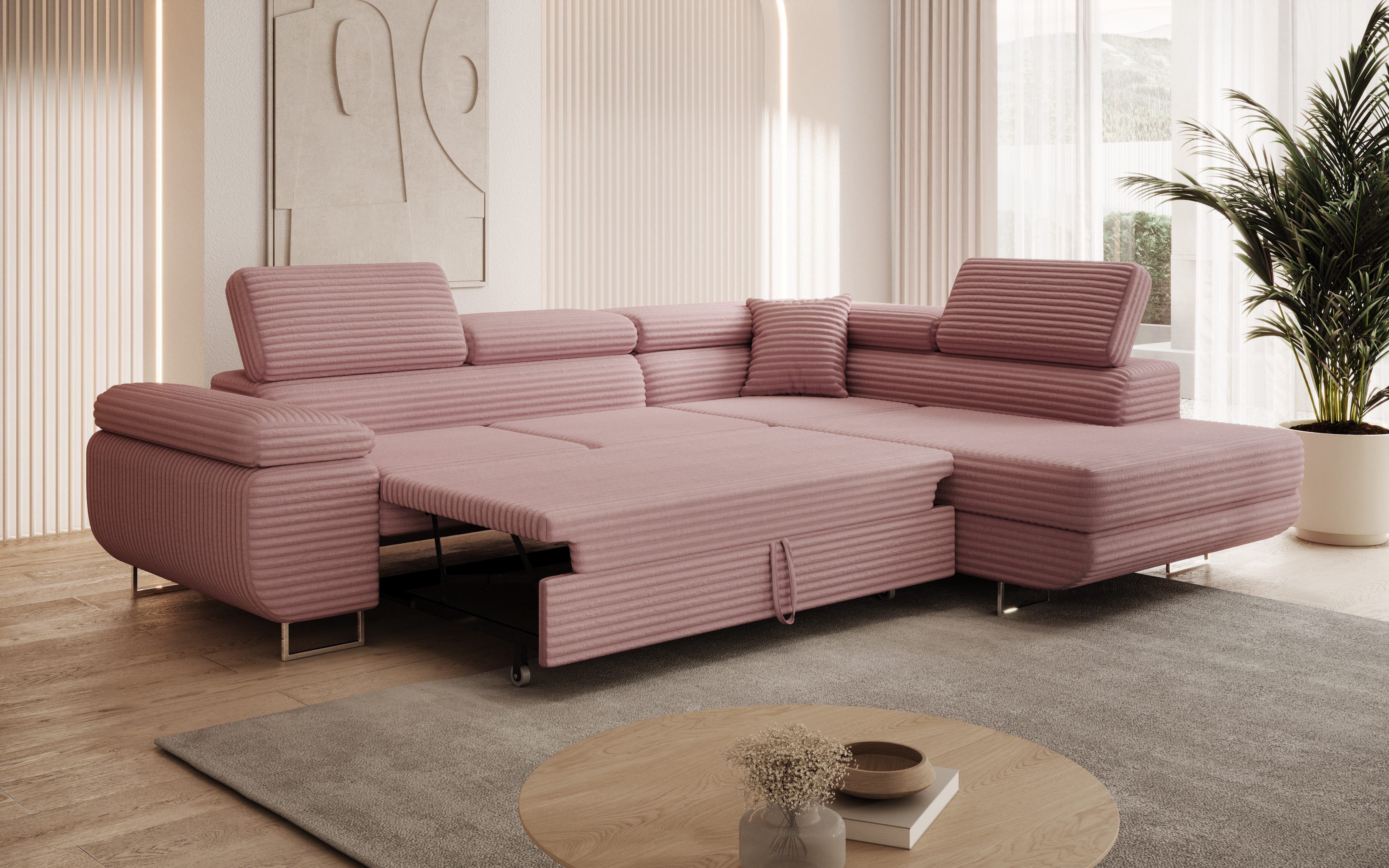 thematys Ecksofa ASTON mit Schlaffunktion & Bettkasten – Cordstoff TILIA, - mit 3 verstellbaren Kopfstützen, – L-Form 273×203 cm – Schlafsofa mit Auszug