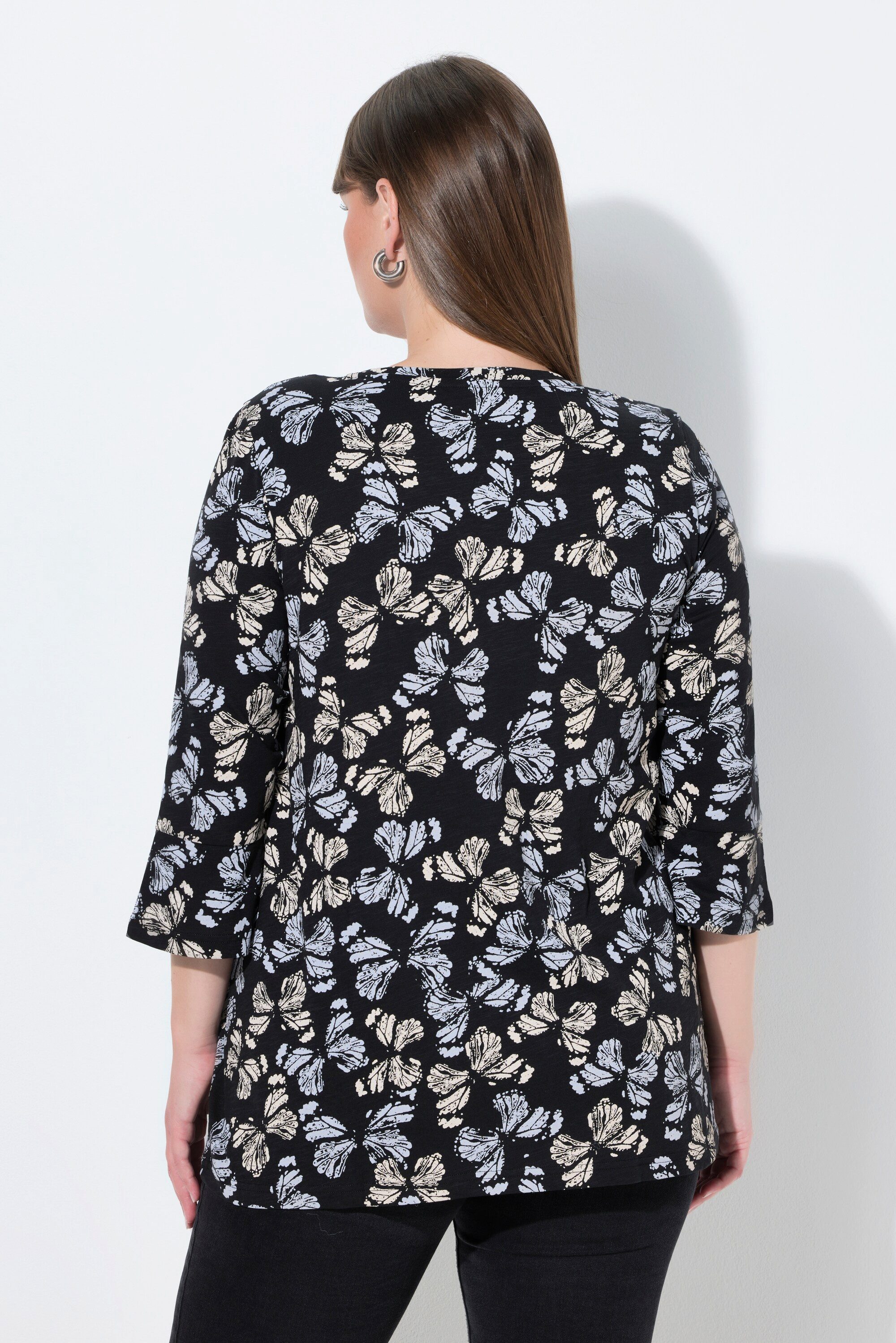 Ulla Popken T-Shirt Shirt Blüten A-Linie V-Ausschnitt 3/4-Arm