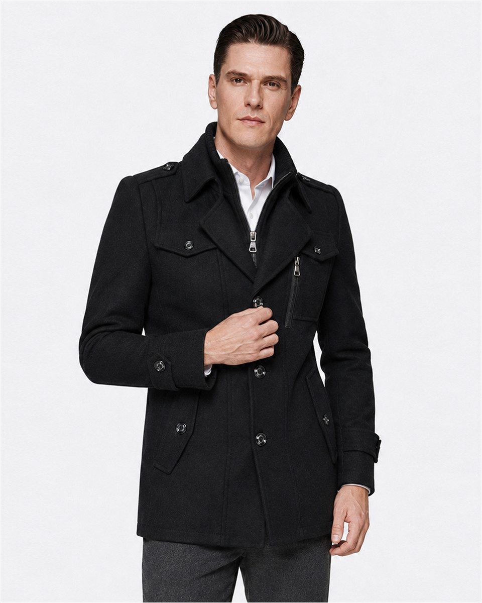 Allthemen Kurzmantel Herren Slim Fit Wollmantel mit abnehmbarem Doppelkragen Wintermantel
