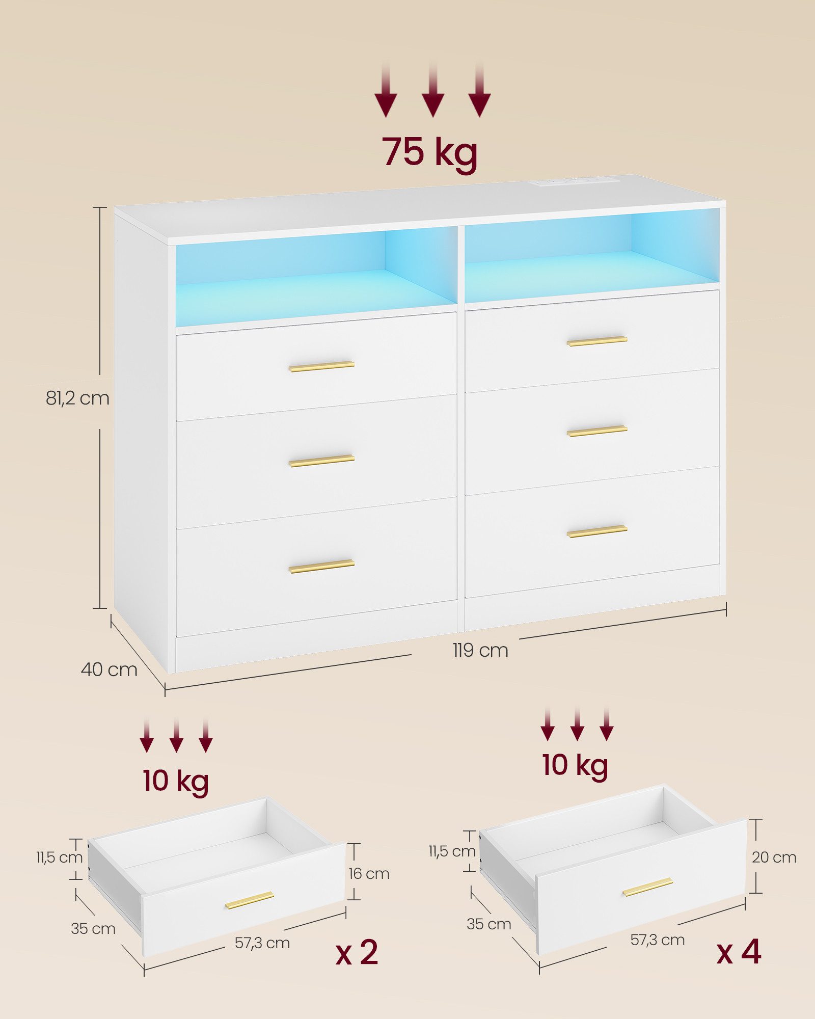 VASAGLE Kommode Kommodenschrank mit LED-Beleuchtung und Steckdosenleiste, 6 Schubladen, 40 x 119 x 81,2 cm, Wohnzimmer, Schlafzimmer, modern – Bild 4 von 5