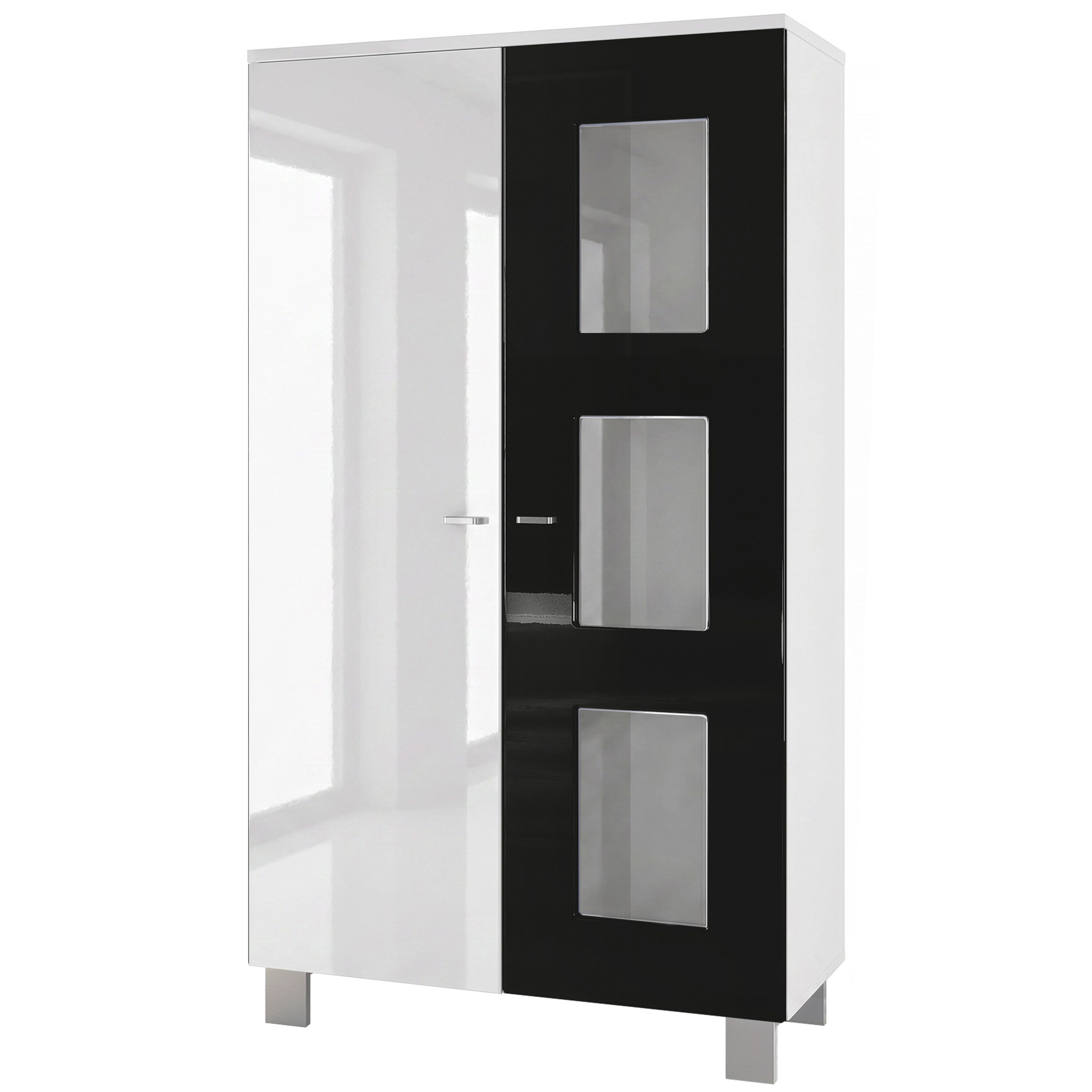 Vladon Standvitrine Denjo (Standvitrine, mit 2 Türen und 3 Glaseinsätzen) Weiß matt/ Weiß Hochglanz/ Schwarz Hochglanz (71 x 129 x 35 cm)