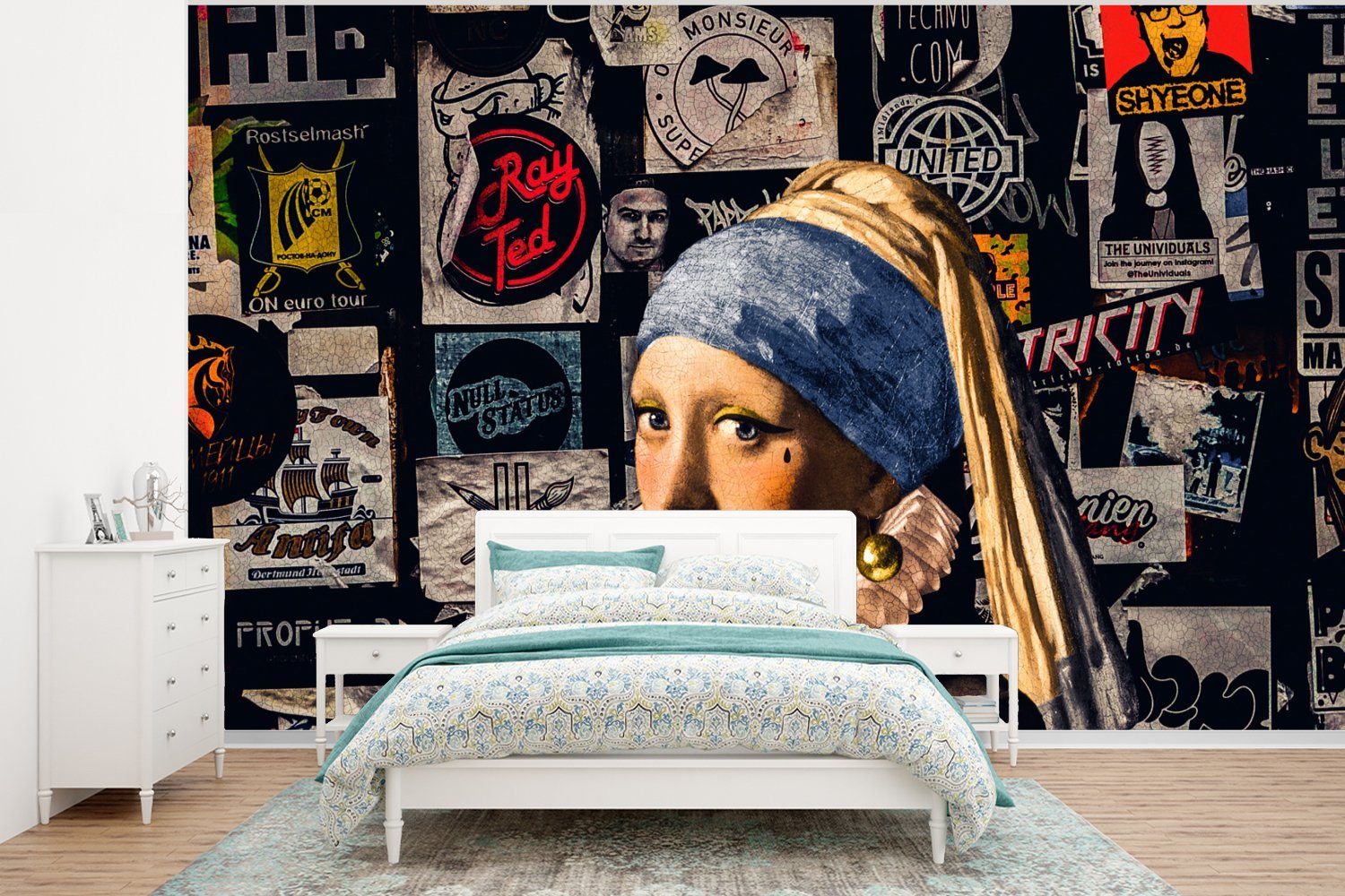 MuchoWow Fototapete Das Mädchen mit dem Perlenohrring - Tätowierung - Vermeer, Matt, bedruckt, (6 St), Wallpaper für Wohnzimmer, Schlafzimmer, Kinderzimmer, Vinyl Tapete