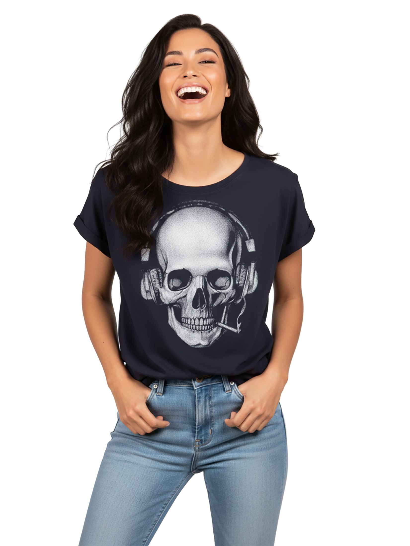 MAKAYA Print-Shirt Damen Cooles T-Shirt mit Totenkopf Design Skull Top - Aufdruck Gothic (Kurzarm, Rundhals, Schwarz, Blau, Grau) große Größen