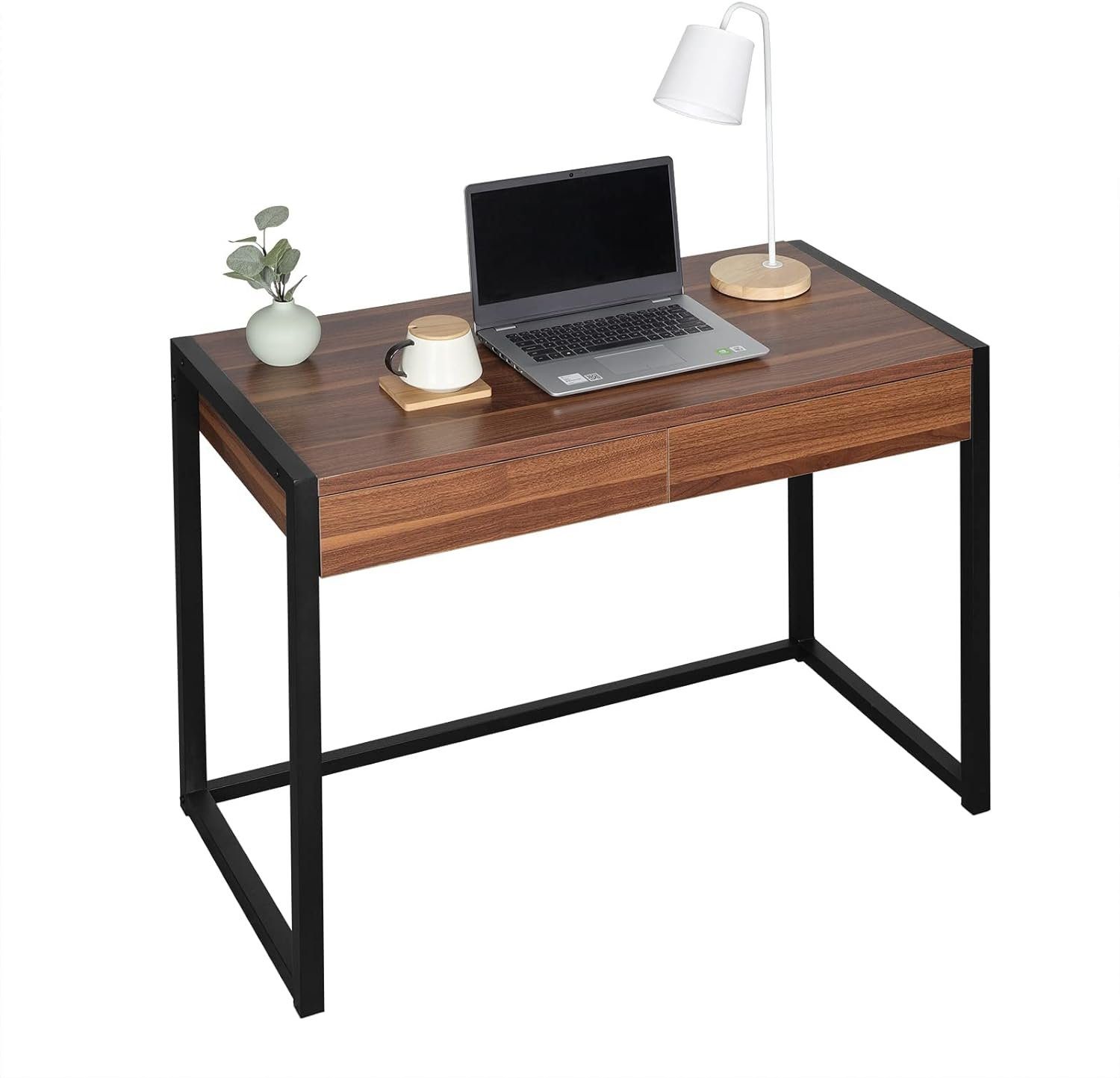 Woltu Schreibtisch, Schreibtisch Computertisch mit 2 Schubladen Holz Stahl dunkelbuche