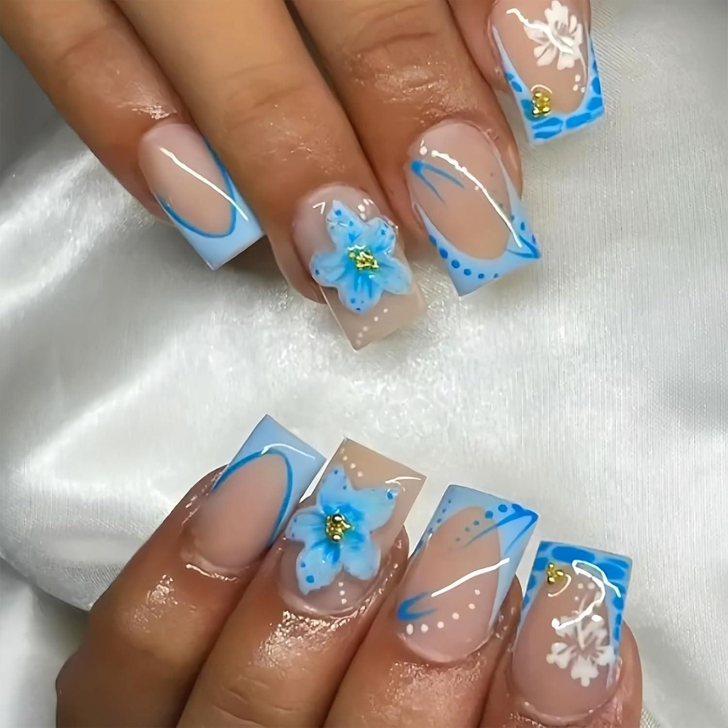 LuxusKollektion Kunstfingernägel Kunstnägel Blaue Blumen French Strass Kurz Vollcover style6