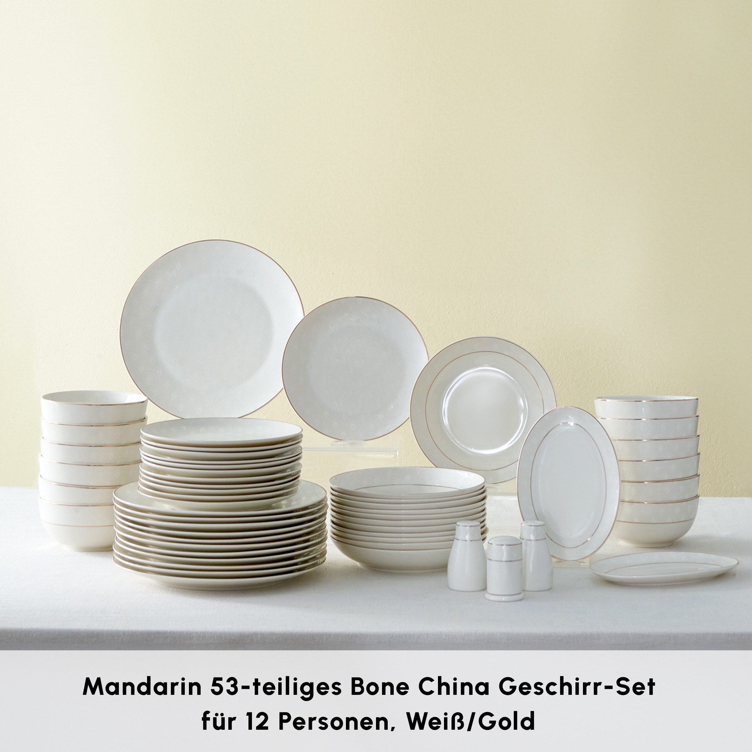 Karaca Geschirr-Set Karaca Elegance Bone Mandarin 53-teiliges Geschirrset 12 Personen Gold