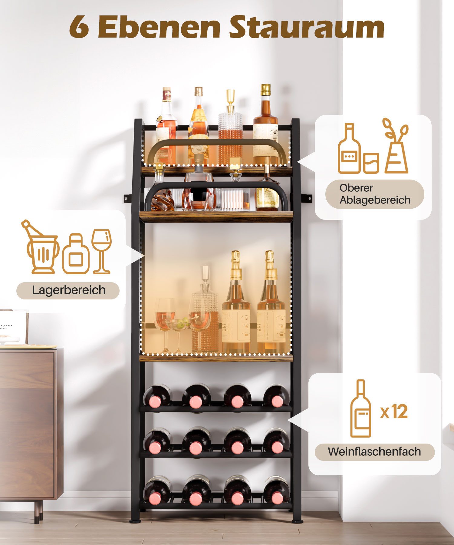 Yorbay Weinregal aus Holz &Metal,Weinregal Stehend mit Flaschenablage, 6-stufiges, Barregal für Whisky und Spirituosen, zur Präsentation