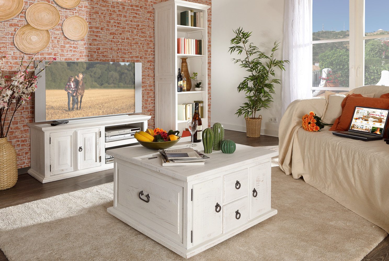 1a Direktimport Couchtisch Esstisch Pinie weiß antik - Massivholzmöbel - ausziehbar - Shabby Chic