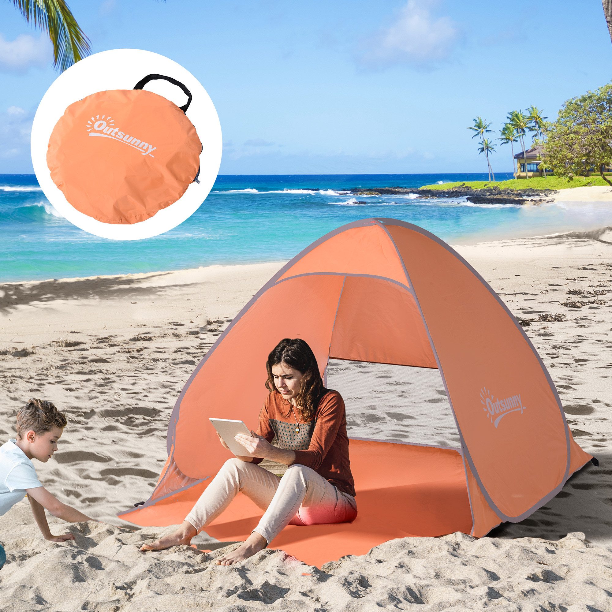 Outsunny Strandmuschel Strand Zelt Pop Up Automatisch tragbares Wurfzelt Kleines Packmaß, Personen: 3 (Pop Up Zelt Campingzelt, 1 tlg., Automatisch), Polyester, Orange, 200 x 150 x 119 cm
