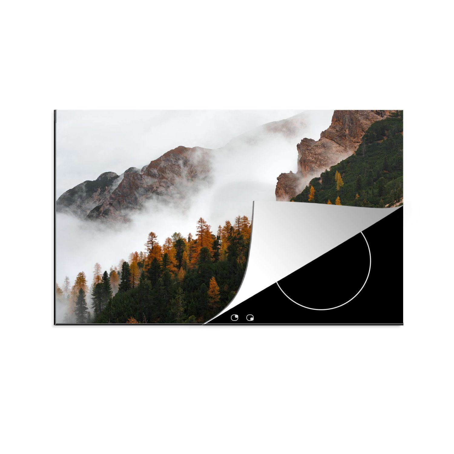 MuchoWow Herdblende-/Abdeckplatte Kiefer - Herbst - Berg - Landschaft, Vinyl, (1 tlg), 80x52 cm, Induktionskochfeld Schutz für die küche, Ceranfeldabdeckung